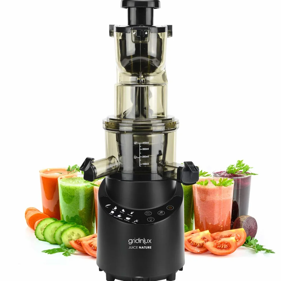 Gridinlux | Licuadora Prensado en Frio | Extractor de Zumos y Jugos con Función Inversa | Exprimidor de Zumos | Licuadora Verduras y Frutas | 8 Programas | Motor Silencioso | Accesorios y Recetario