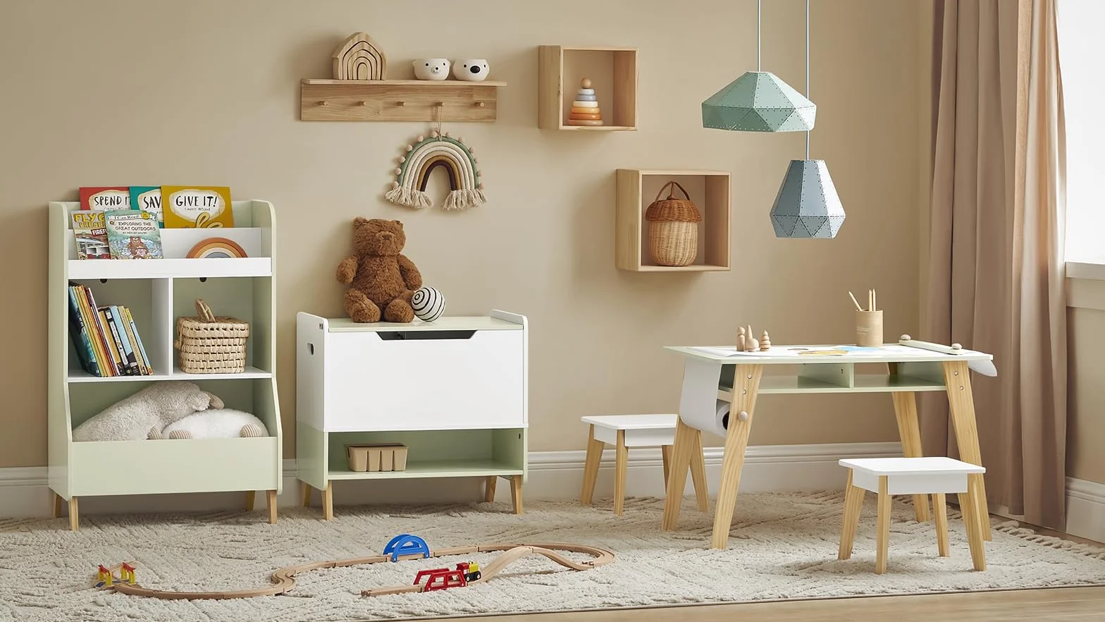 SoBuy KMB92-GR Mesa Infantil con 2 Taburetes Escritorio Infantil Blanco Madera y Verde