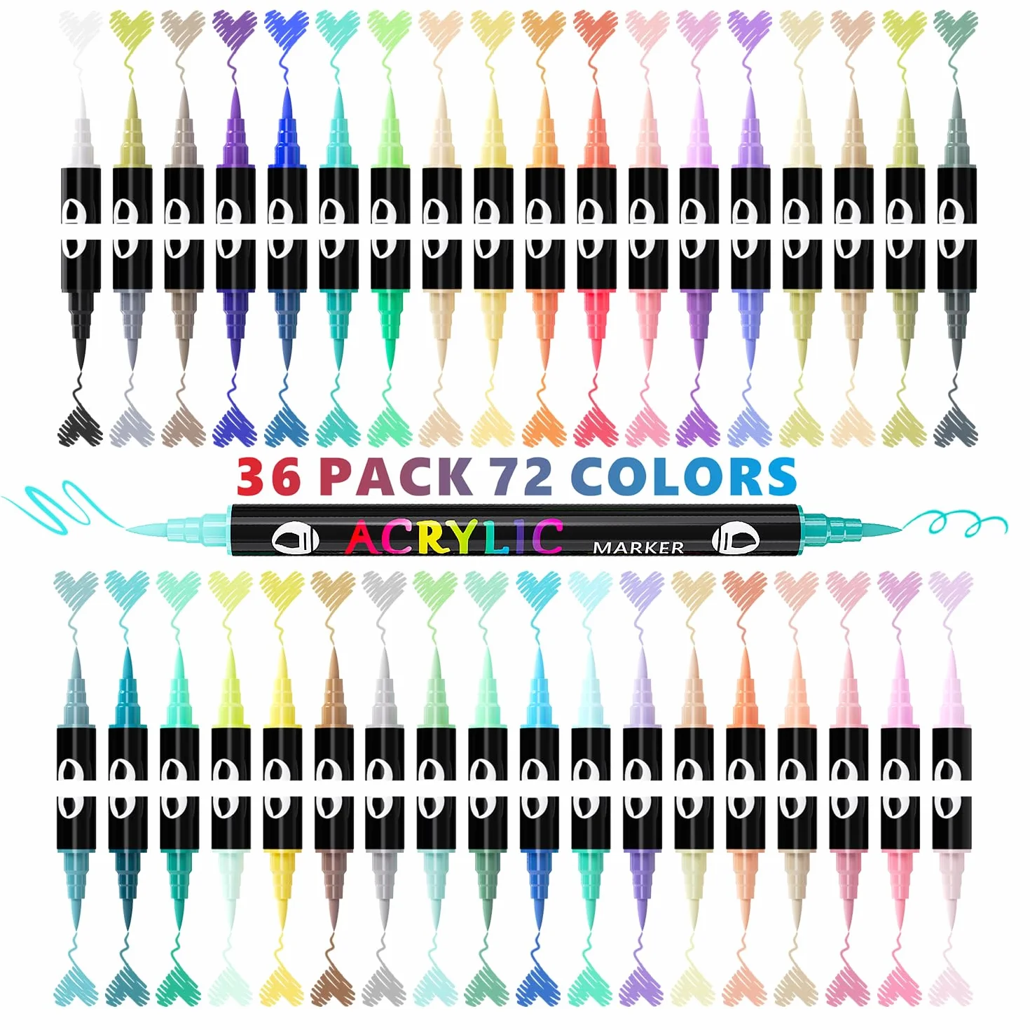 Rotuladores Acrílicos 72 Colores, Doble Punta con Fina y Pincel para Roca, Cristal, Cerámica, Plástico
