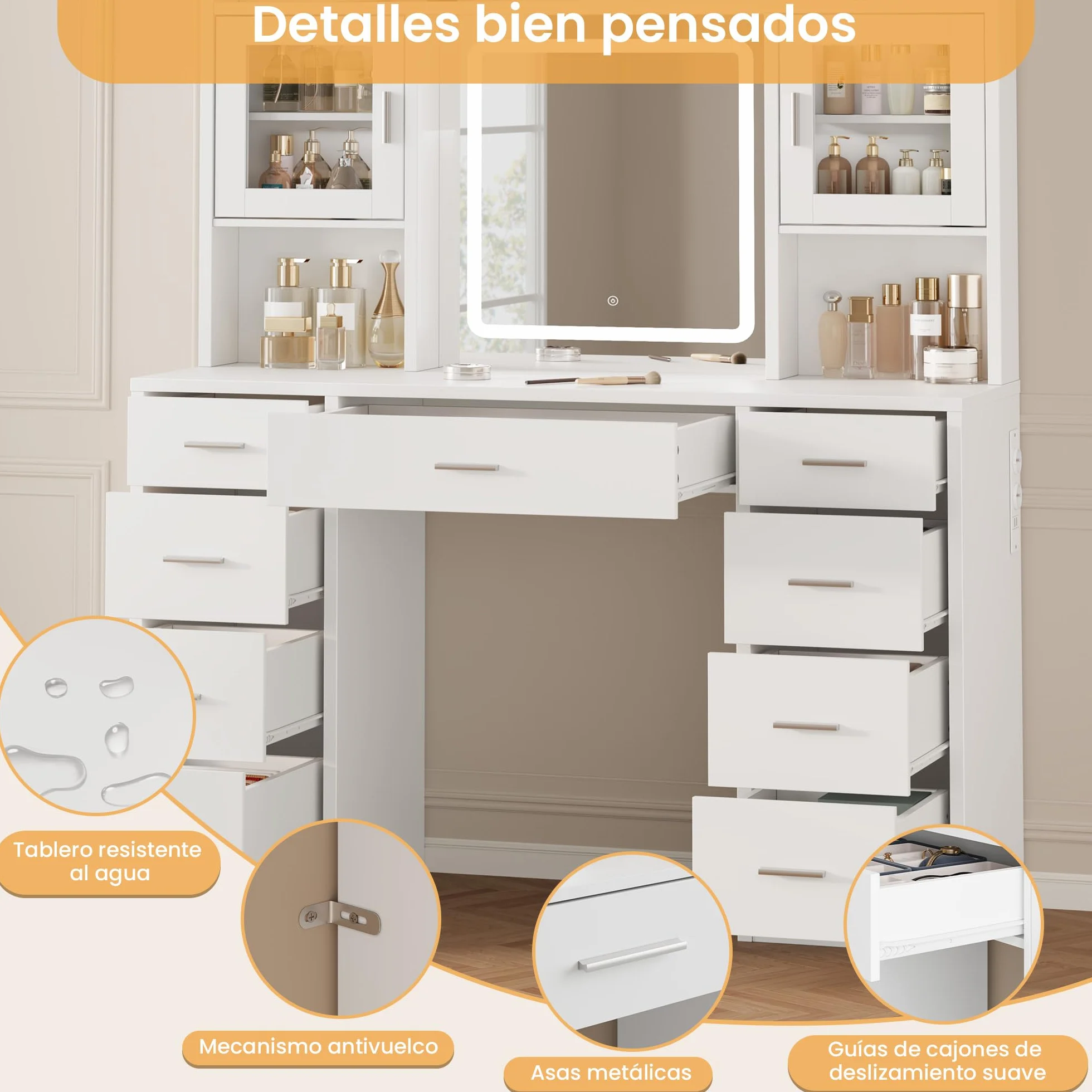 Tocador de Maquillaje con Luces LED Regulables, Mesa con Espejo, 2 Armarios Puertas Cristal, Blanco, 9 Cajones
