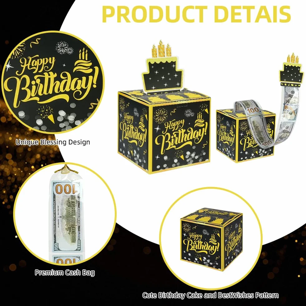 OFFCUP Caja Regalo Dinero Cumpleaños, Hucha Sorpresa con Tarjeta de Felicitación, Regalo Efectivo para Padres, Amantes, Niños (Negro)