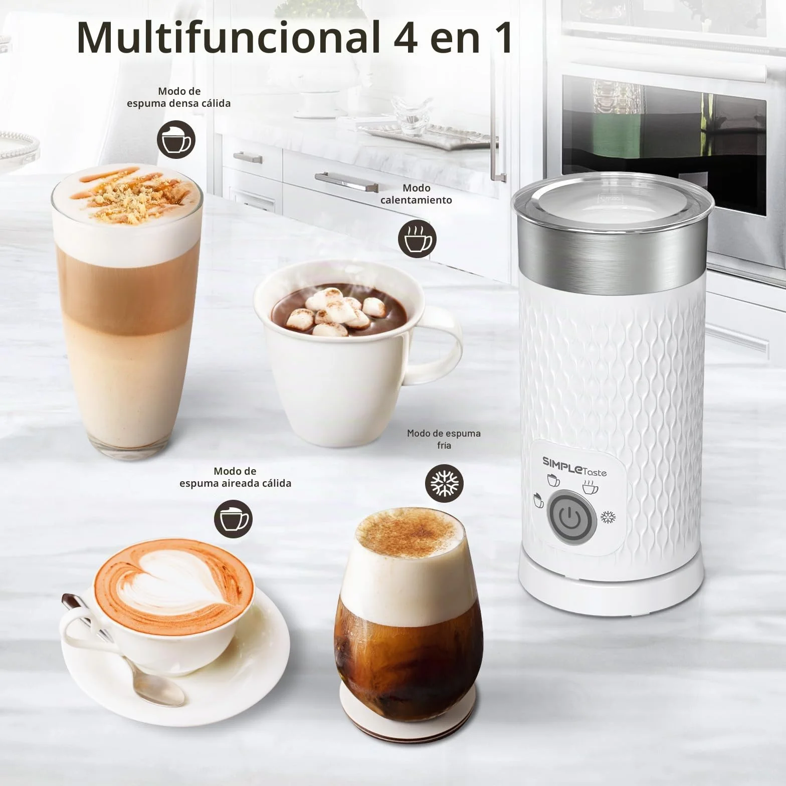 SIMPLETASTE Espumador de Leche Eléctrico 4 en 1, Automático, Calentador y Preparador de Chocolate Caliente para Café