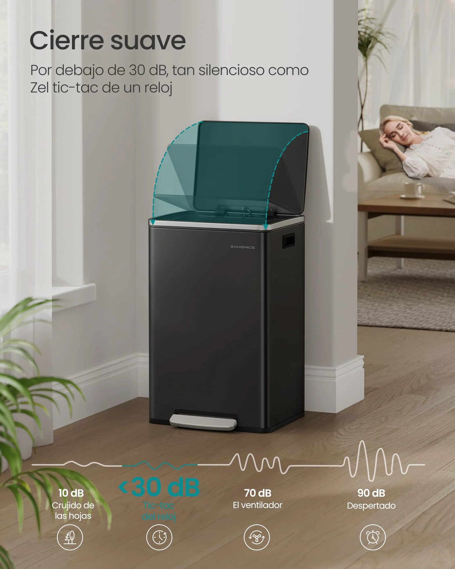 SONGMICS Cubo de Basura 50 L, con 15 Bolsas de Basura, Acero, Bolsa de Plástico Extraíble, con Tapa, Asas, Cierre Suave, Negro Tinta LTB595B02