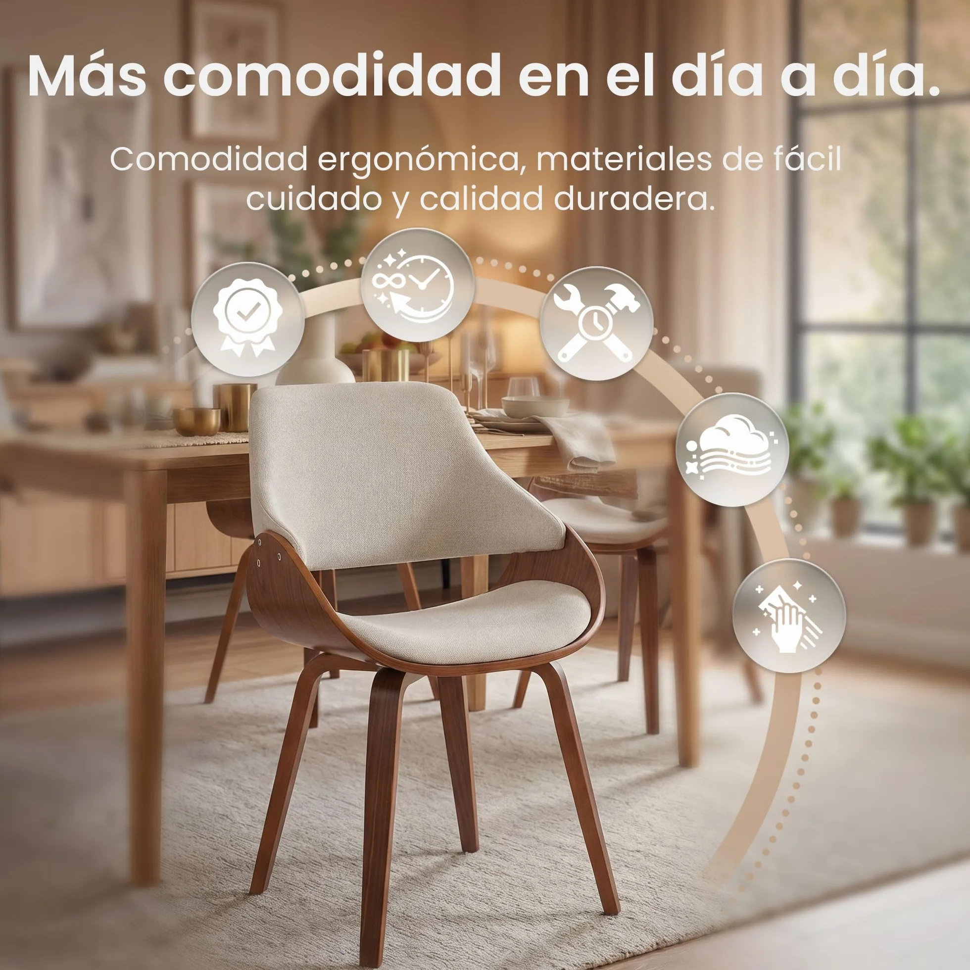 CLP Silla de Comedor Vangale Tapizada con Respaldo, Diseño Moderno con Estructura de Madera Curvada para Salón, Color:Nuez/Crema, Material:Tela