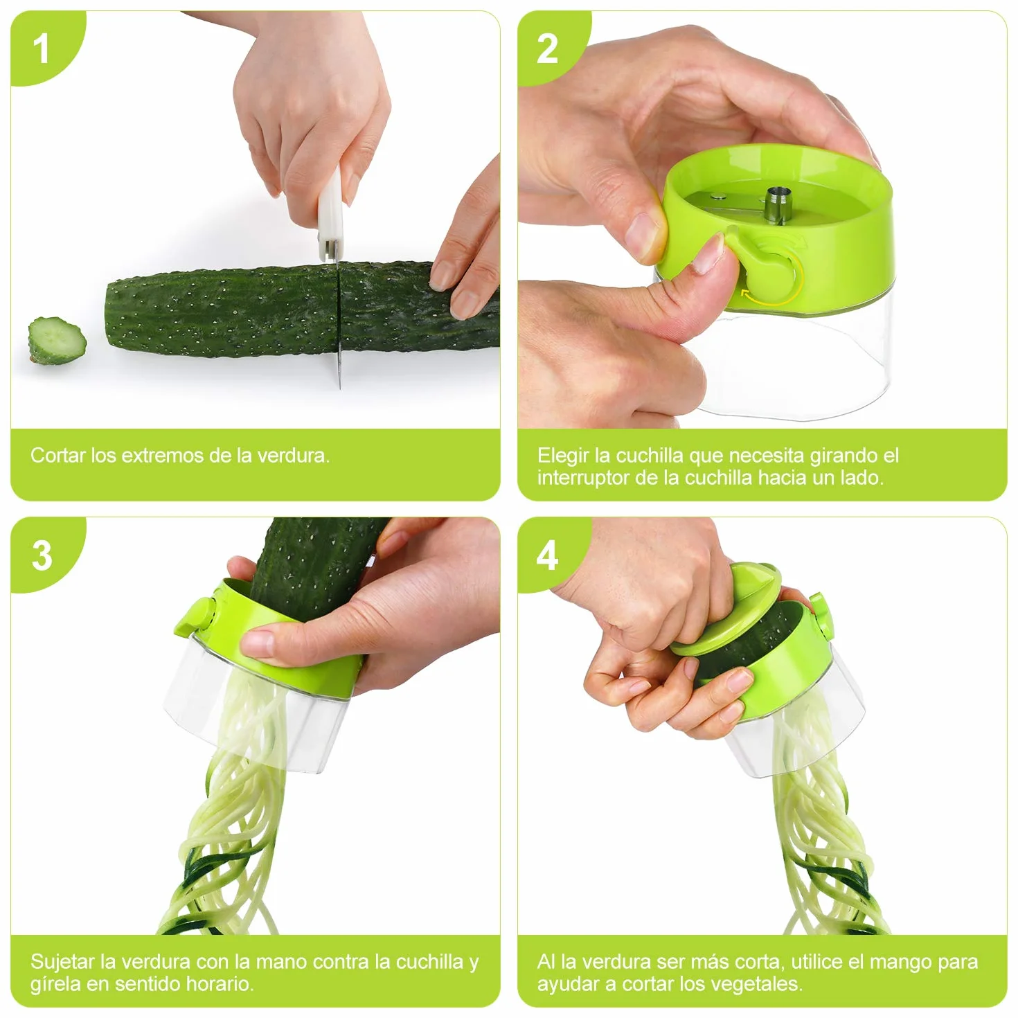 4 Piezas Espiralizador de Verduras Espiralizador Manual Espaguetis Calabacin Maquina, Cortador de Calabacin en Espaguetis, Espiralizador de Vegetales Adecuado para Zanahorias, Pepinos