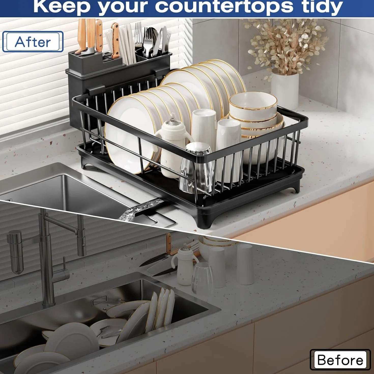 PurKeep Escurreplatos Escurridor de Platos Ahorra Espacio con Soporte para Utensilios, Gran Capacidad, Negro