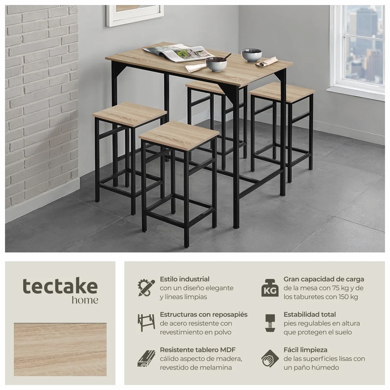 tectake® Mesa Alta de Bar con 4 Taburetes, Mueble de Cocina Estilo Industrial, Diseño Comedor y Mesa Cocina, Muebles de Salon, Taburete - 100 x 124 x 88,5 cm Madera Industrial Clara, Roble Sonoma