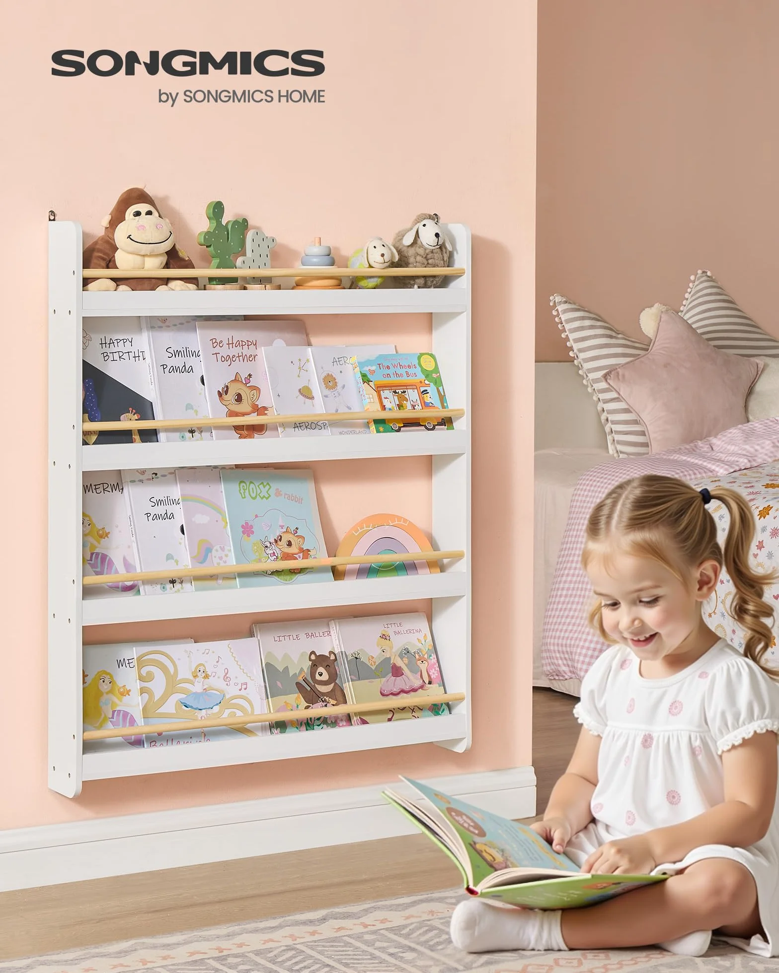 SONGMICS Estantería Infantil 4 Niveles Estante de Pared para Juguetes Blanco y Natural GKR014W01