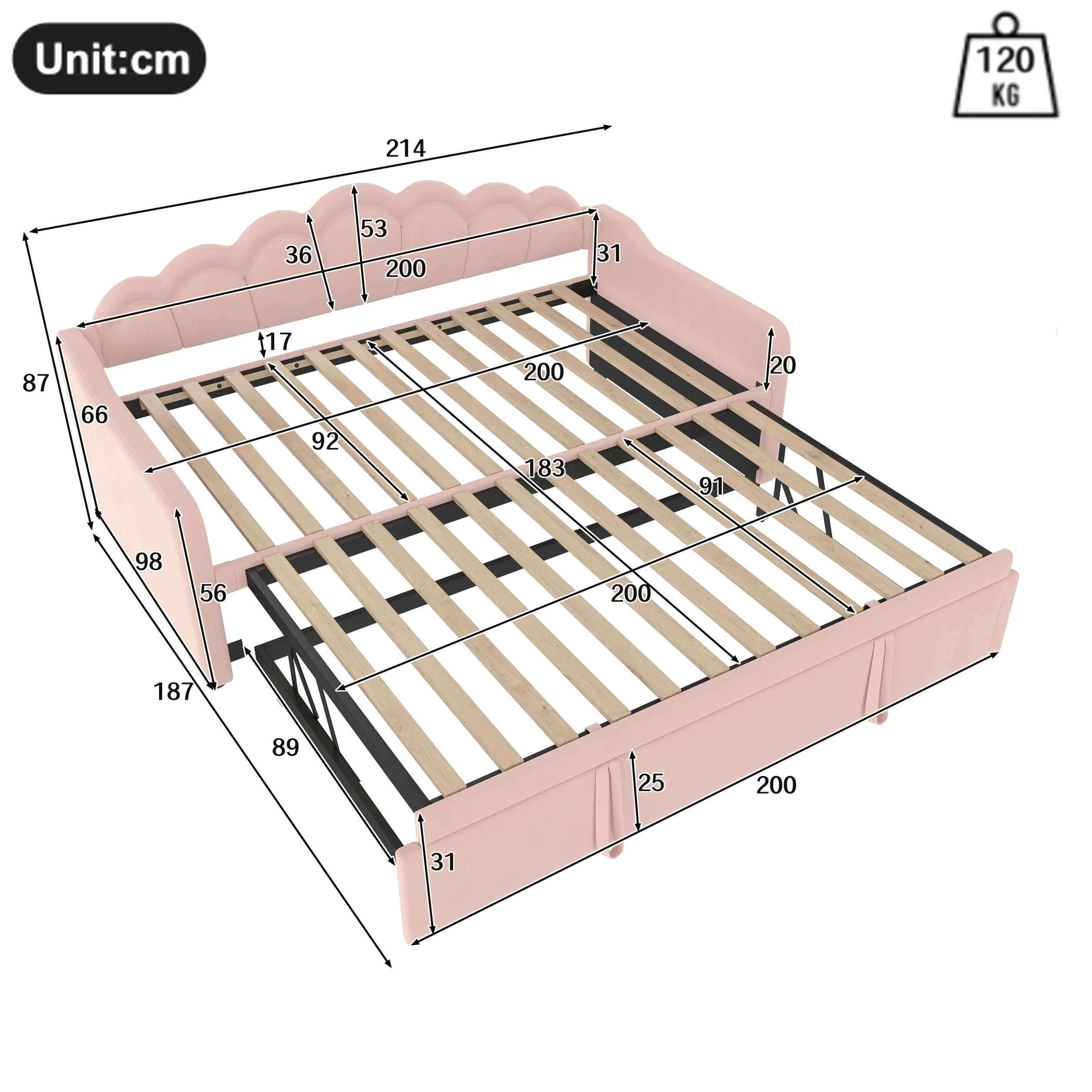 Lexiou Cama de día con cama nido, sofá cama, cama individual (sin colchón), cama doble, terciopelo, tira LED que cambia de color, 90 x 200 cm (180 x 200 cm) (rosa)