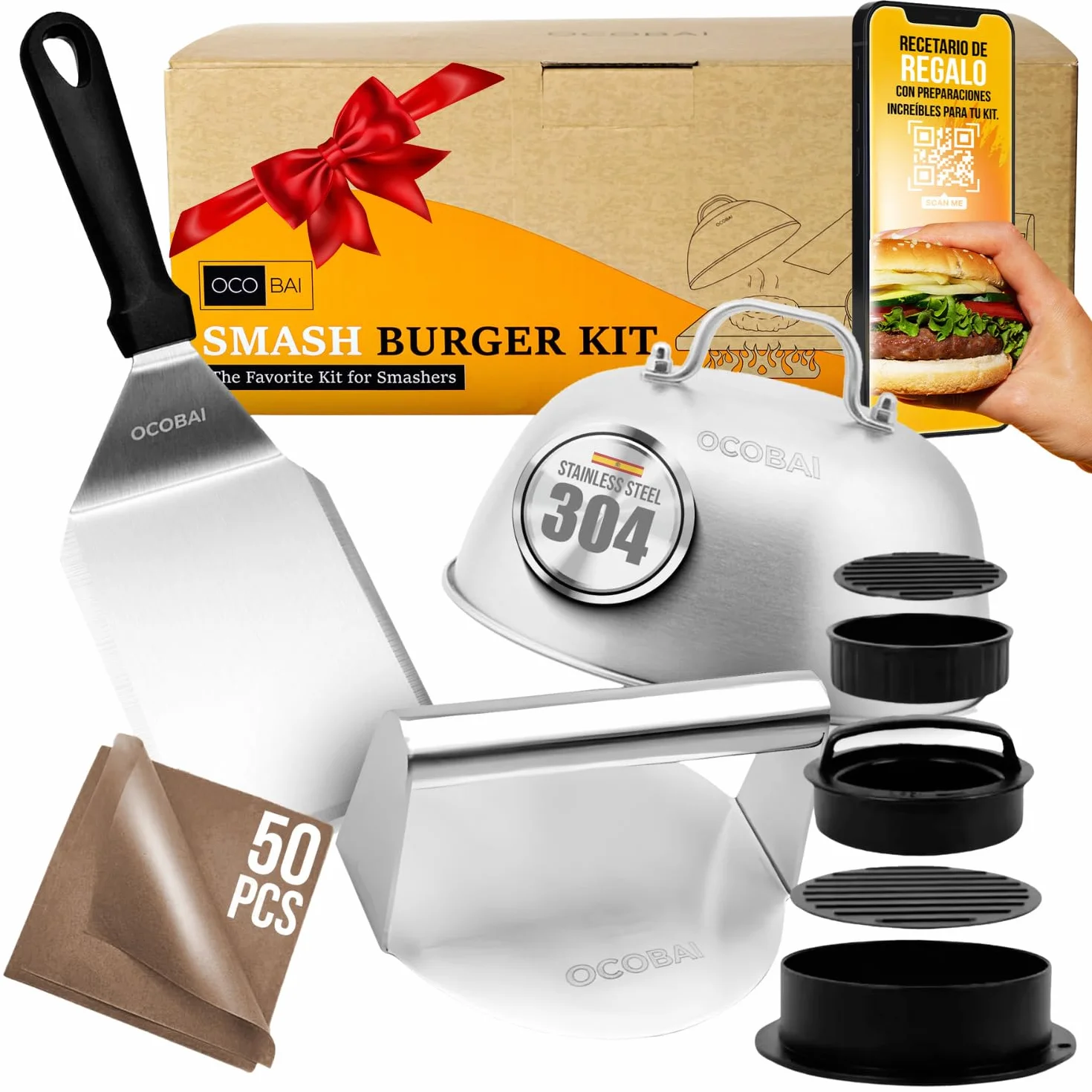 Kit Smash Burger Profesional 7 Piezas Aplastador de Acero 304 Molde Hamburguesas 3 en 1 Espátula Papeles
