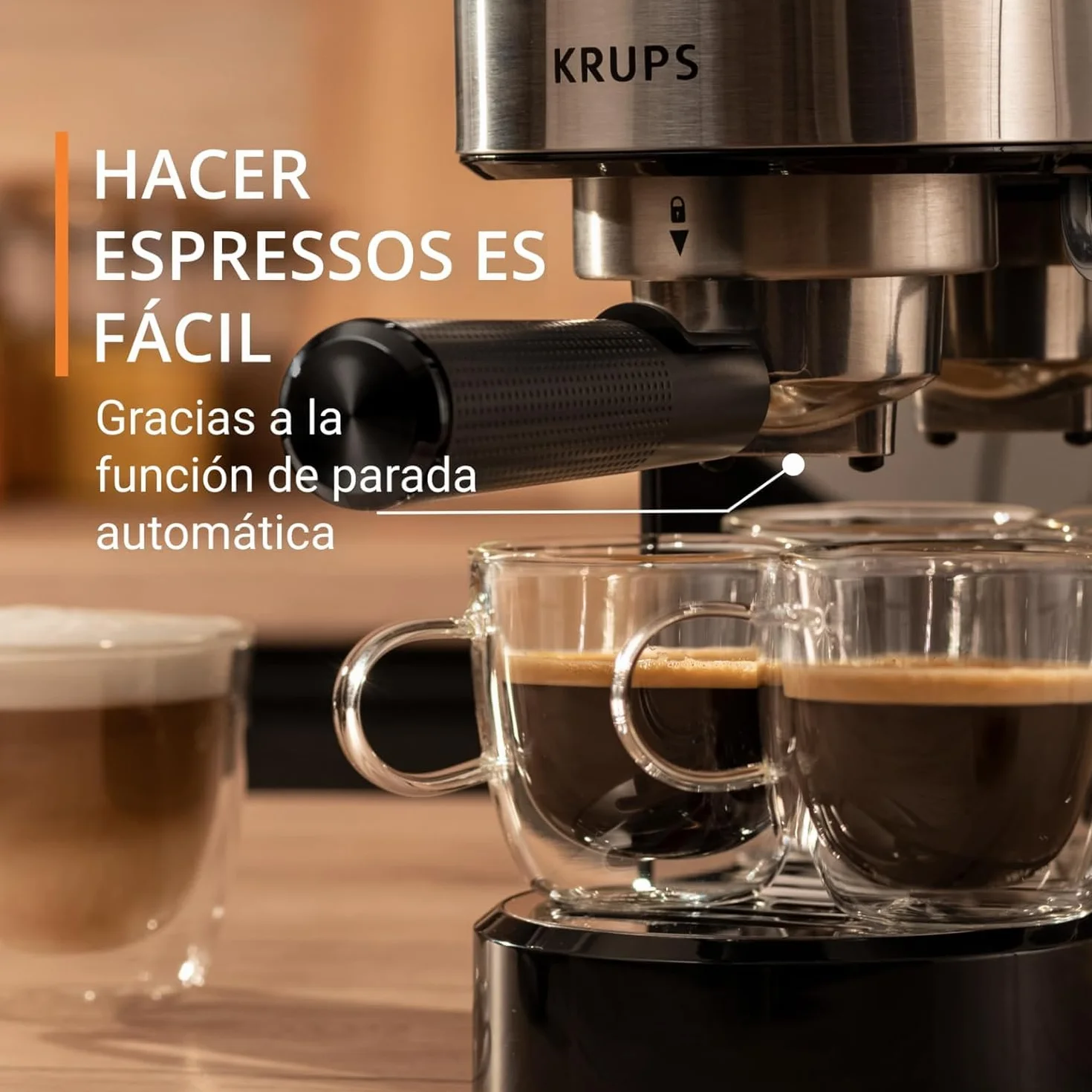 Krups Virtuoso Essential - Cafetera espresso 15 bar, acero inox negro, diseño compacto y elegante, parada automática, espresso y cappuccino, Thermoblock, boquilla de vapor, incluye cuchara, XP4418