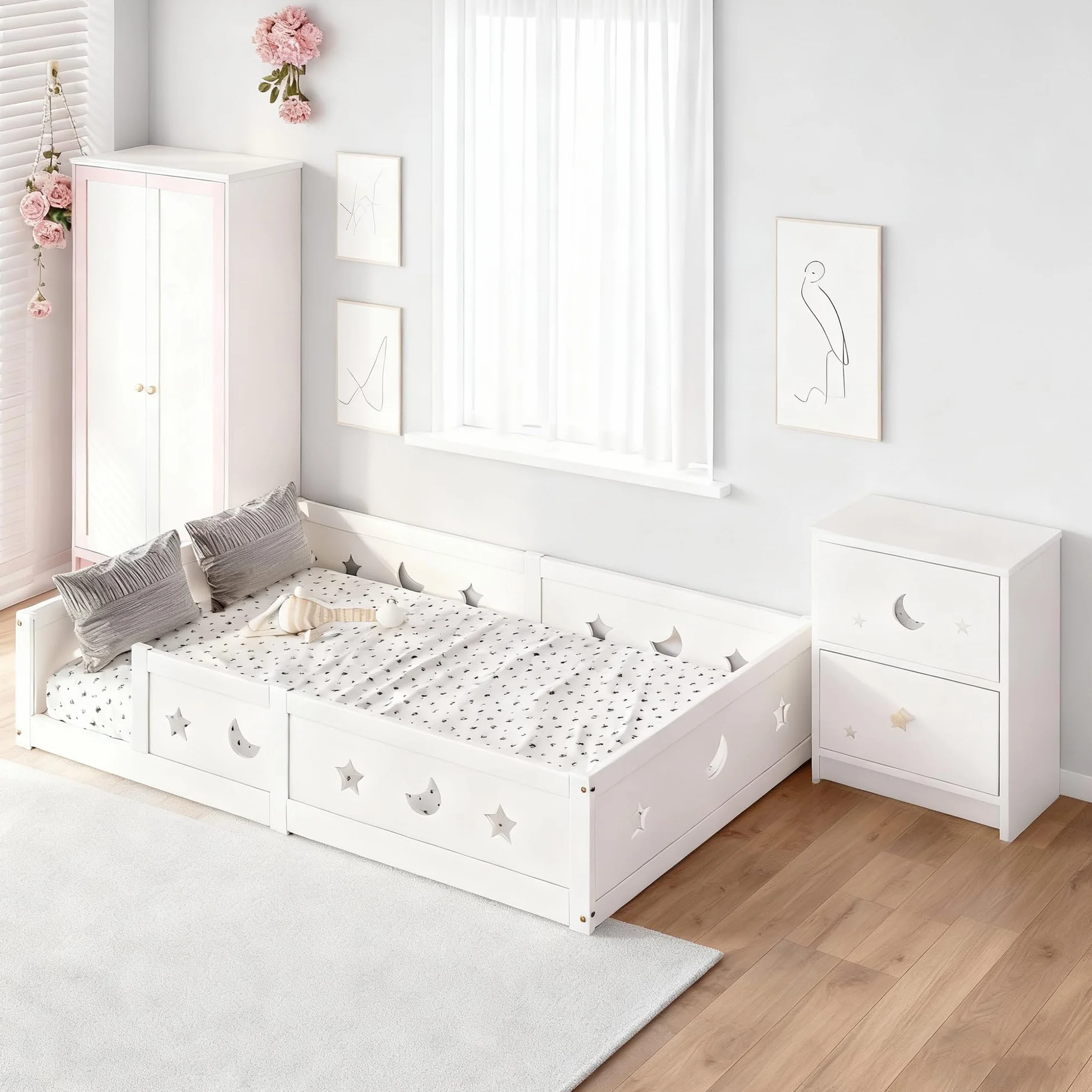 Cama de suelo infantil de 120 x 200, cama Montessori en el suelo de madera maciza con barrera de seguridad y somier de láminas, marco de camas de 1 plaza para niños y niñas, niños y bebés (A
