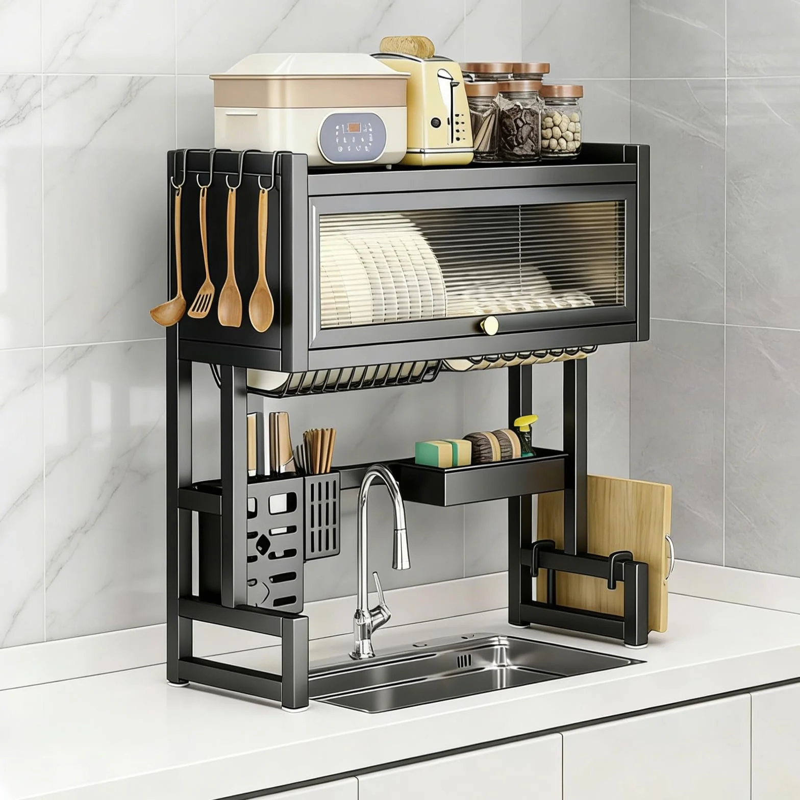 Escurreplatos grande con tapa, resistente al polvo y ahorra espacio, organizador de vajilla multifuncional sobre el fregadero, para platos, vasos, cuencos, secado y almacenamiento en la cocina (negro