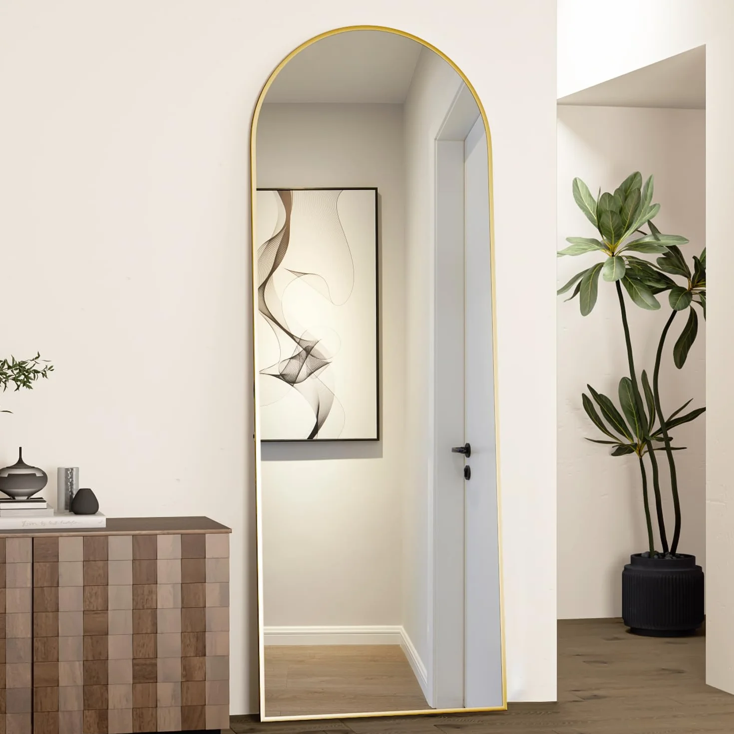 Espejo de Cuerpo Entero Arco 162 x 53 cm Dorado Arqueado, Espejo de pie con Soporte para Dormitorio Sala de Estar