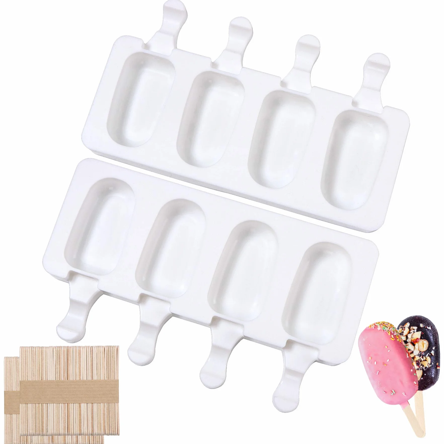 Moldes de Helados Silicona con Palo, 8 Cavity Juego de Moldes para Polos, con 100 Palos de Madera Blanco