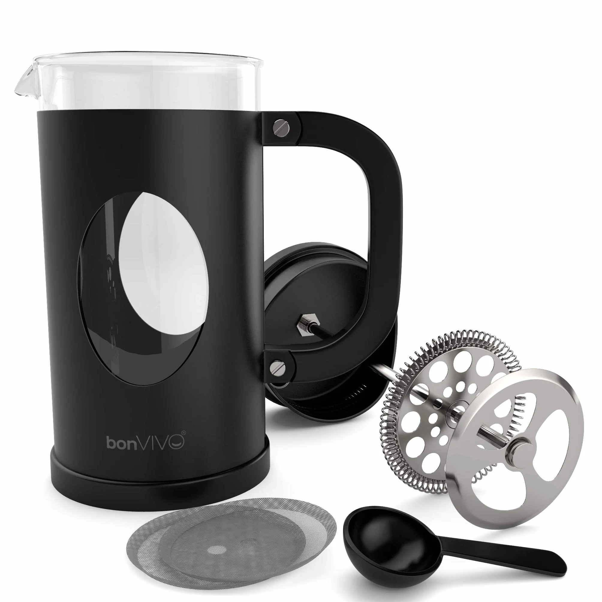 bonVIVO Cafetera Francesa 1 Litro (8 Tazas) – Prensa Francesa de Cristal Borosilicato con Filtro de Acero Inoxidable – French Press para Café, Té y Cold Brew – Negro