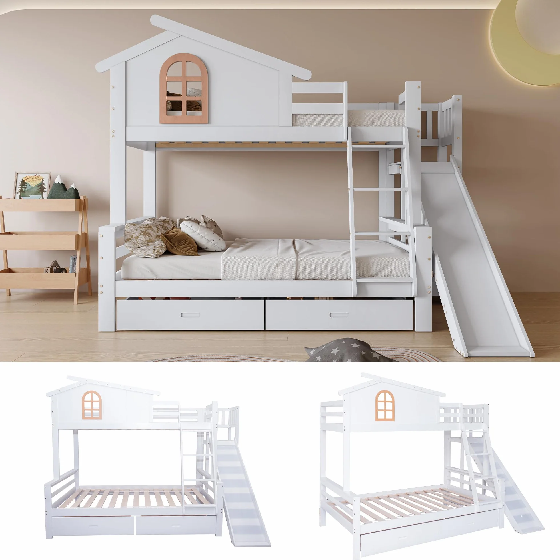 Moimhear litera con ventanas características y escalera basculante de cuatro niveles, cama para niños y madre con tobogán, con dos cajones, estructura de cama de madera maciza, color blanco, 90x200 y