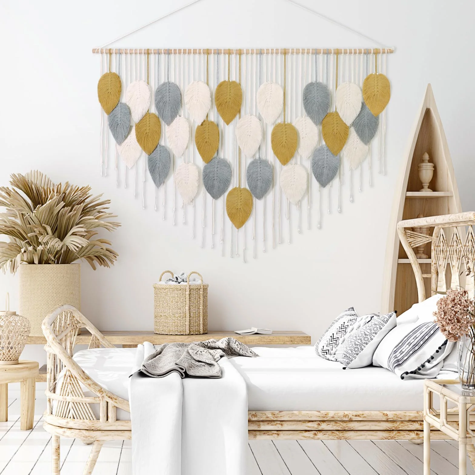 Macramé Tapiz Grande Tejido Boho Hoja Decoración de Pared 130 cm Amarillo