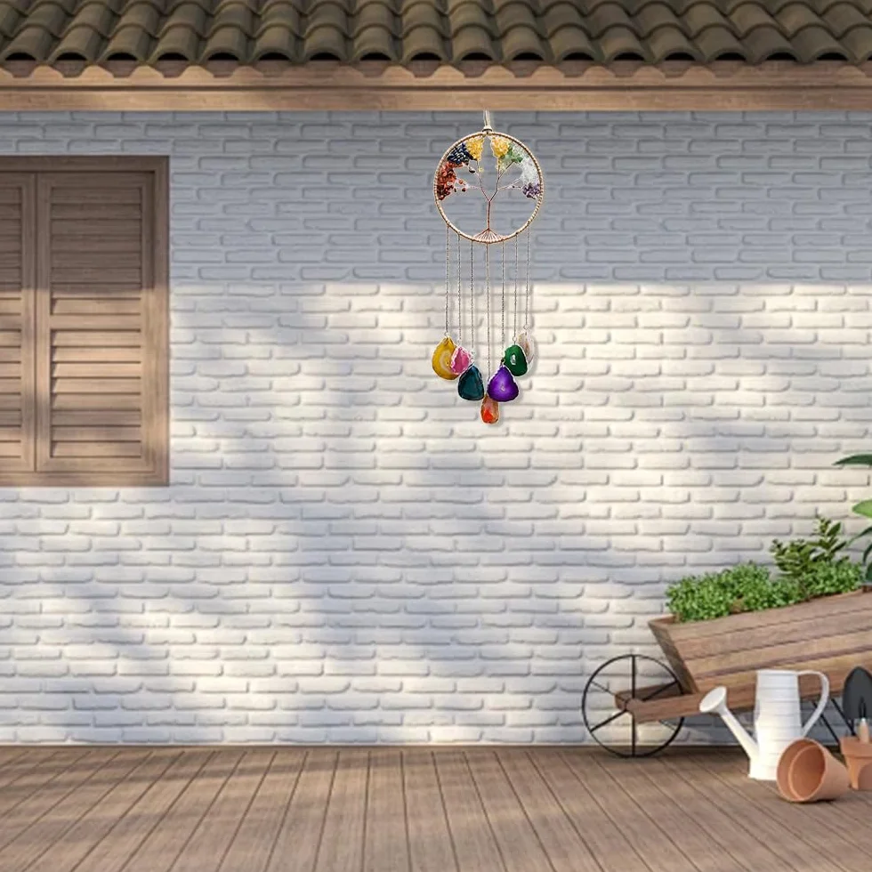 7 Chakra Campana de viento Árbol de la vida de discos de ágata natural, campana de viento de cristal hecha a mano para exterior e interior, decoración de pared con piedras preciosas.