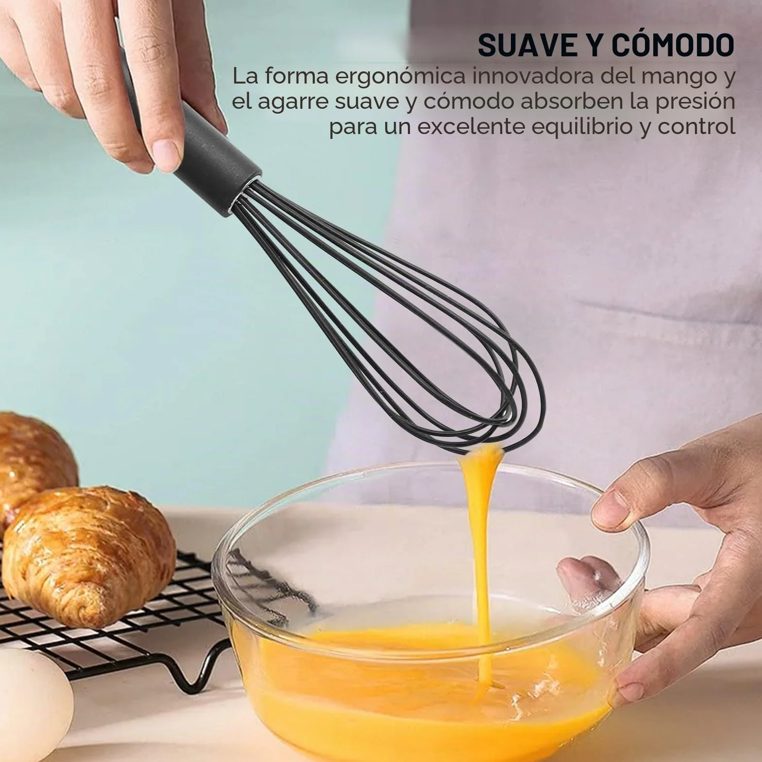 Batidores de Cocina de Silicona 2 Piezas, Batidores de Mano Negros 26cm y 30cm, Mango Antideslizante