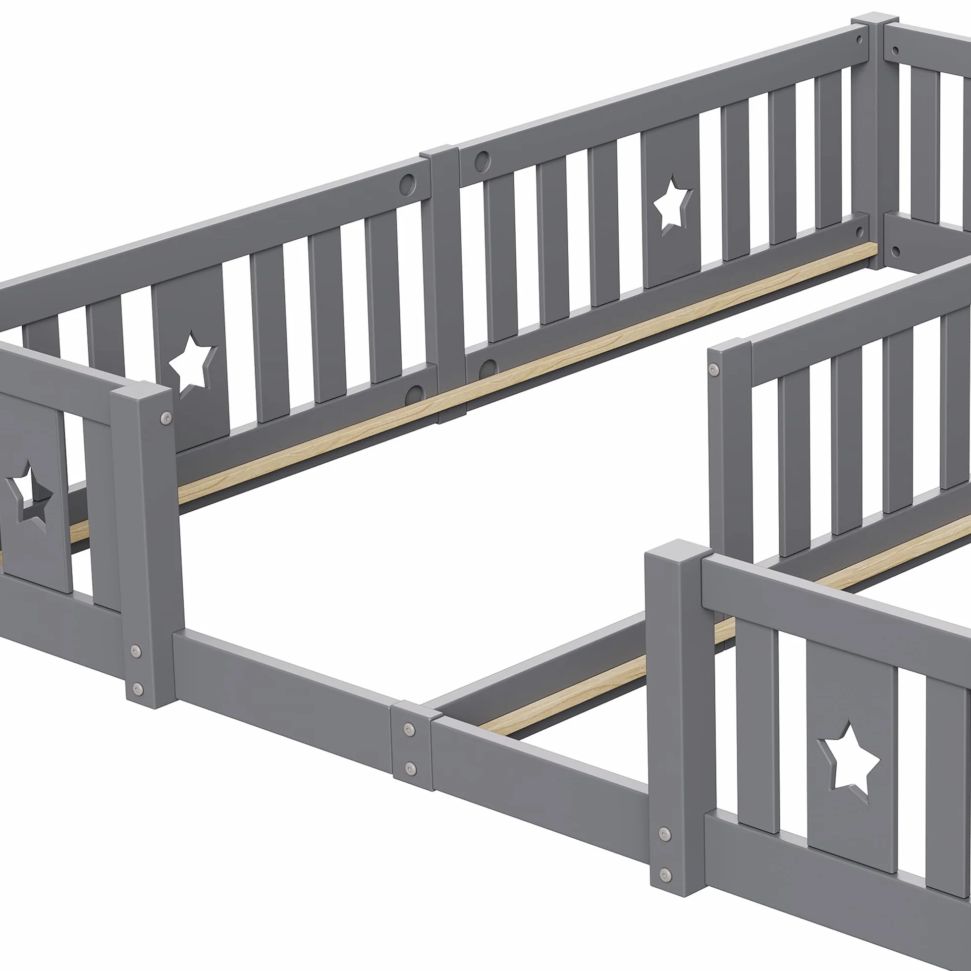 Cama en el suelo de 90 x 200 cm, cama infantil con barrera, cama montessori, madera maciza, camas dobles, para habitación de niños y niñas, sin colchón (gris A, 188 x 206 x 40)