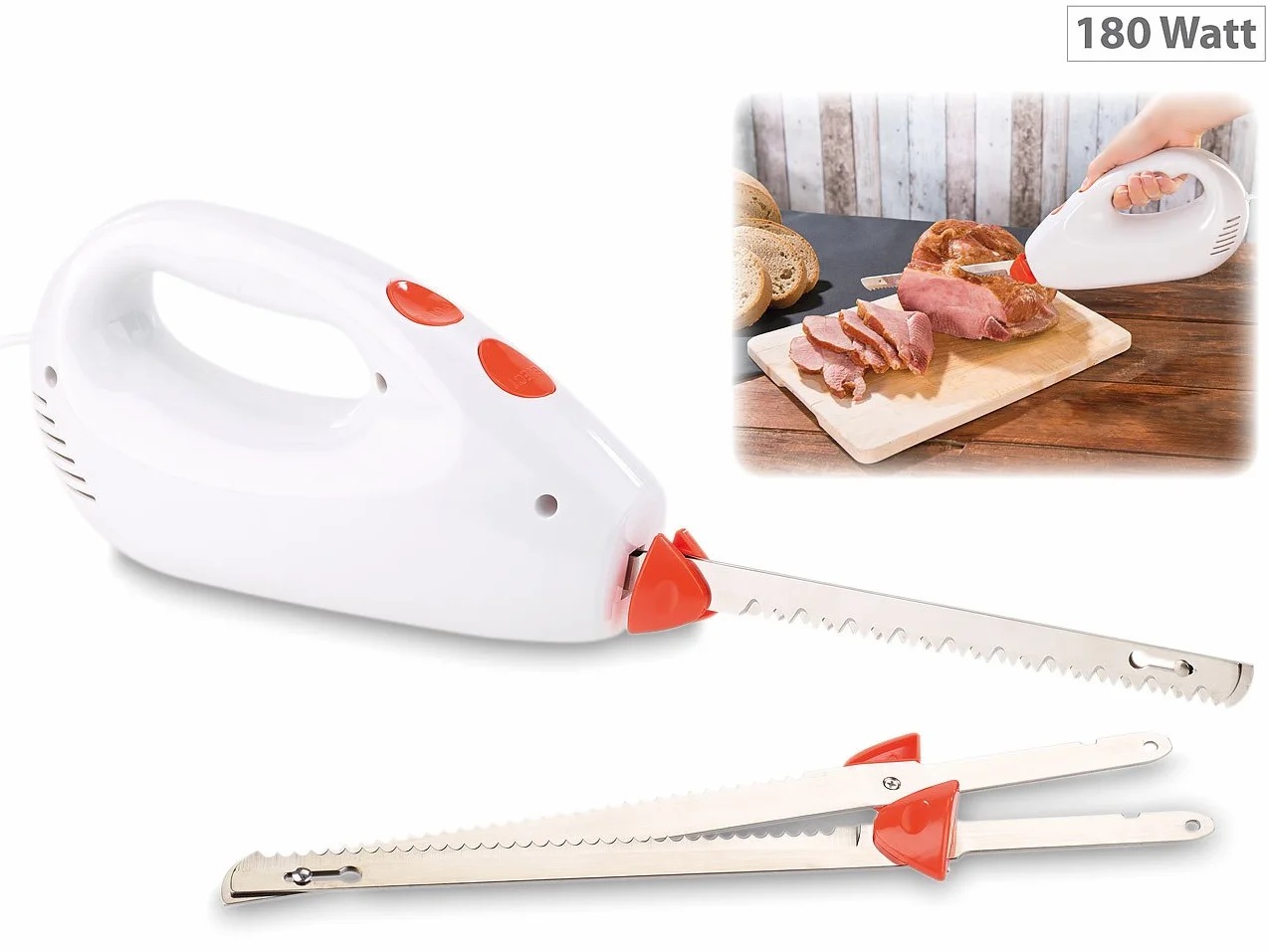 Rosenstein & Söhne Cuchillos eléctricos - cuchillo eléctrico: cuchillo eléctrico, 2 cuchillas dobles de acero inoxidable, sistema de seguridad (cocina, para carne, profesional)