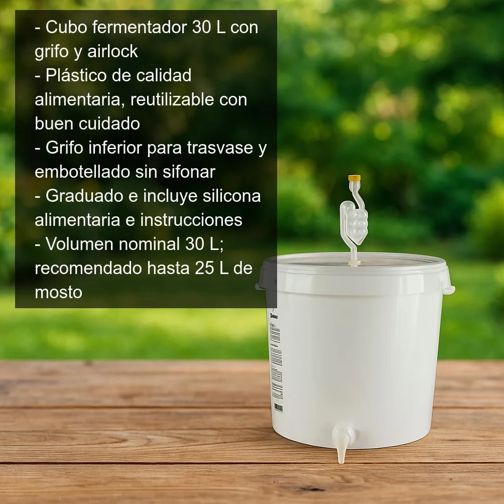 Cocinista Cubo fermentador 30 L con Grifo y válvula airlock, depósito Graduado para Cerveza Artesanal, Vino, Sidra, hidromiel, Kombucha, plástico alimentario Reutilizable