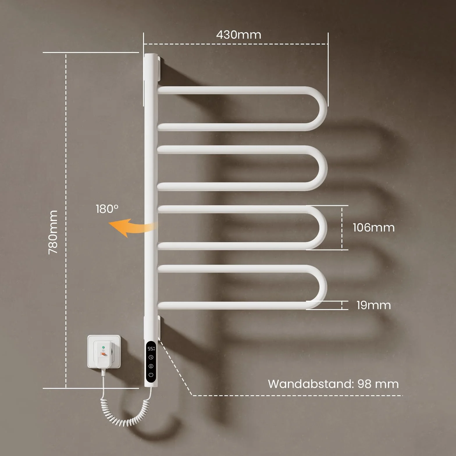 EMKE Radiador de Toallas Eléctrico 78 x 43 cm, Termostato Inteligente WiFi, Radiador Eléctrico para Baño, Calentador de Toallas Eléctrico, Blanco, 170W