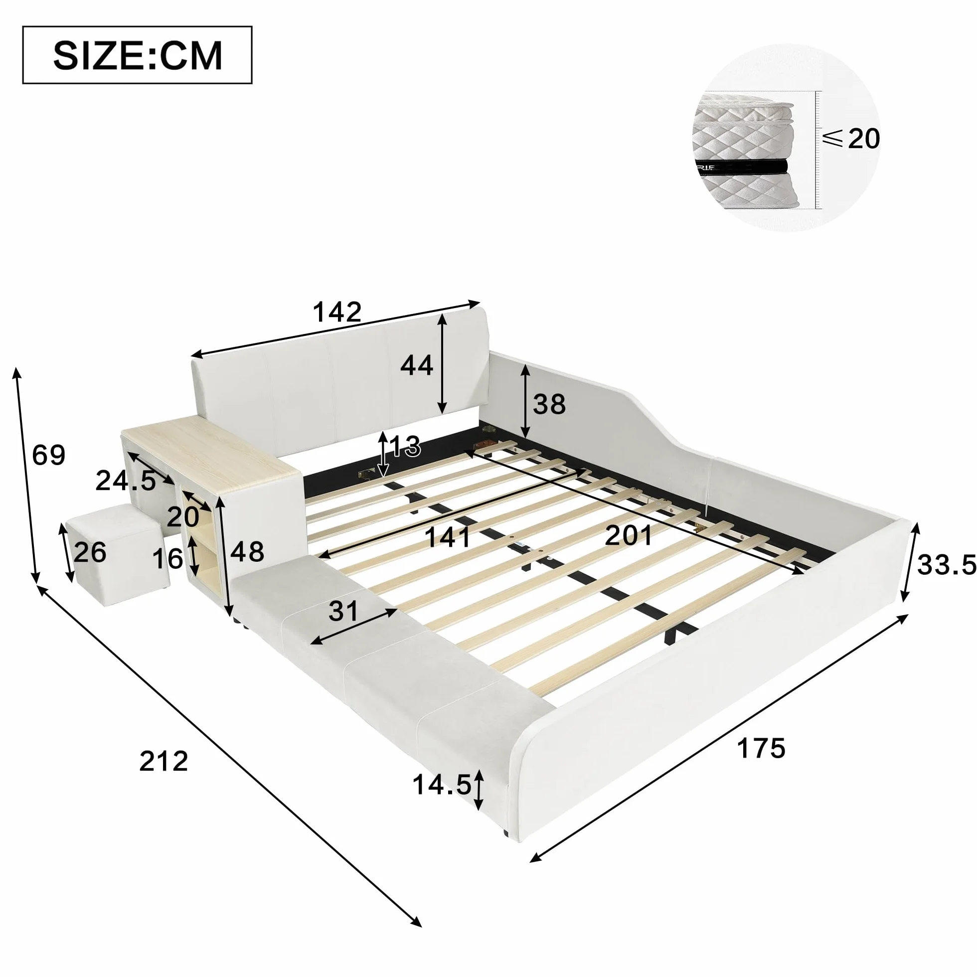 Cama tapizada con escritorio infantil y taburete, con estante, cabecero suave, cama infantil con listones de madera, terciopelo, blanco, 140 x 200 cm