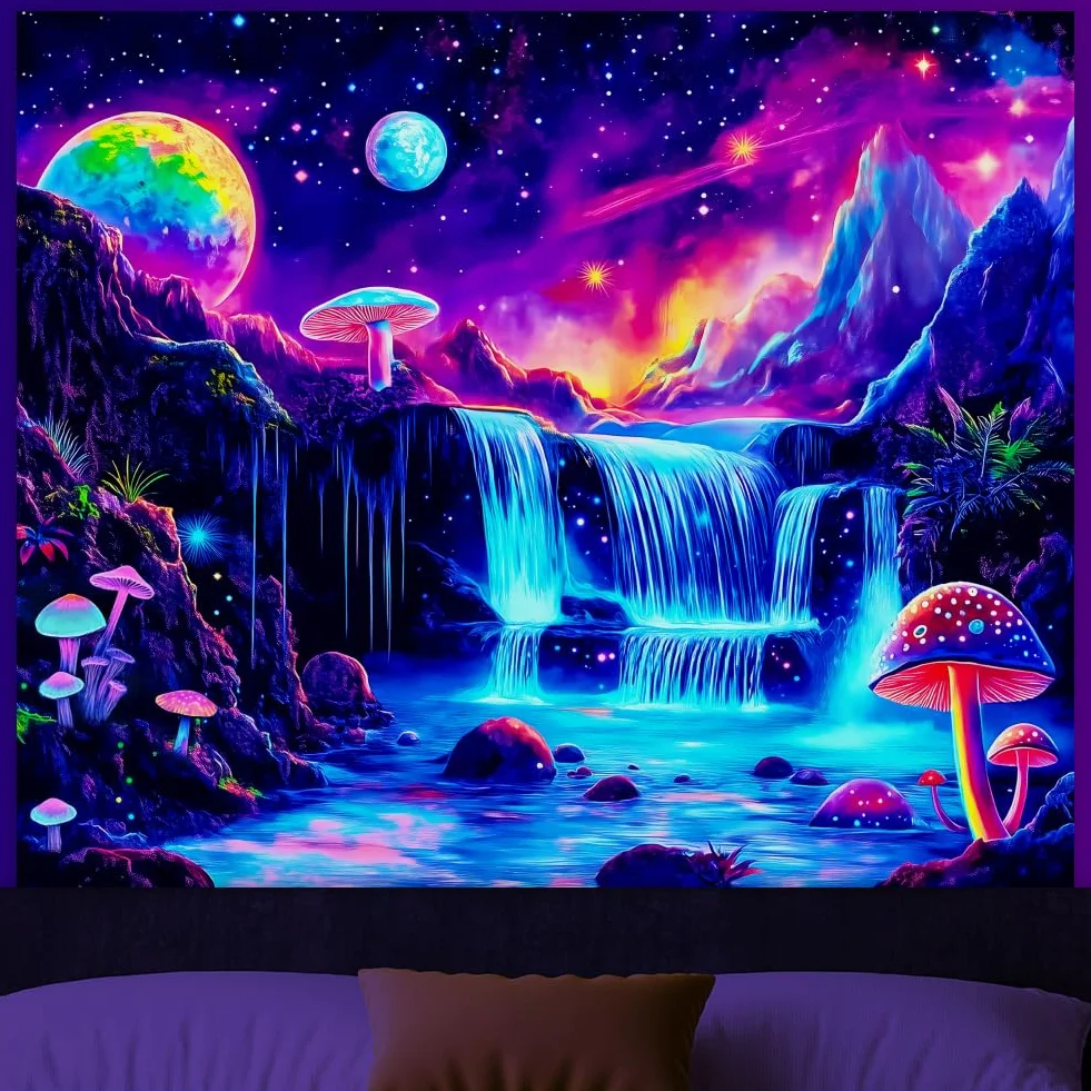 WEBEEDY Glow In The Dark Waterfall Tapestry Lila Galaxy 130 x 150 cm