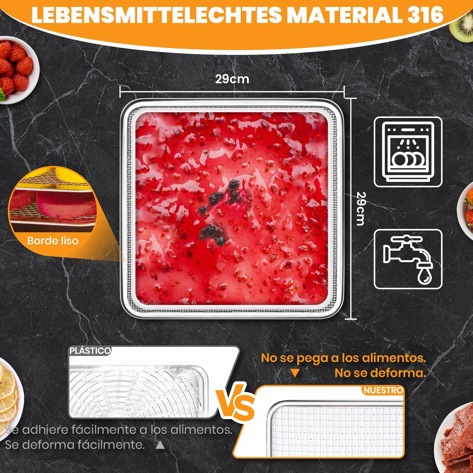 Deshidratador de alimentos 800 W, 12 bandejas acero inoxidable, 10.9 ft², control temperatura 190ºF, temporizador 24H