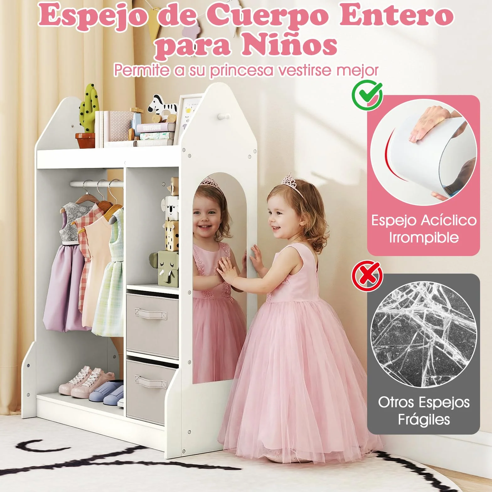 COSTWAY Armario de Almacenamiento Infantil con Espejo Acrílico y Perchero, Blanco