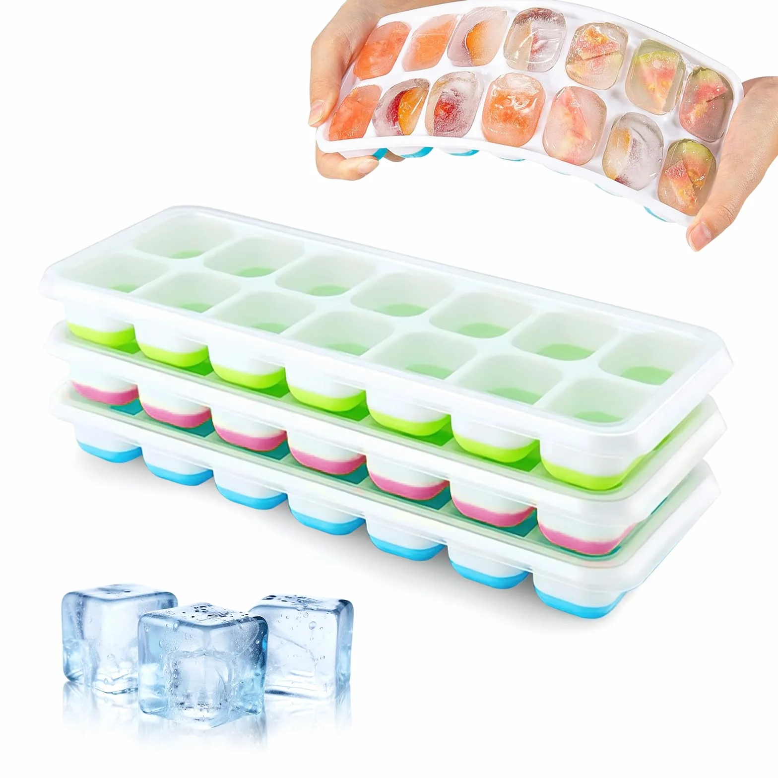 Cubitera de silicona con tapa, 3 unidades, apilable, molde para cubitos de hielo, LFGB
