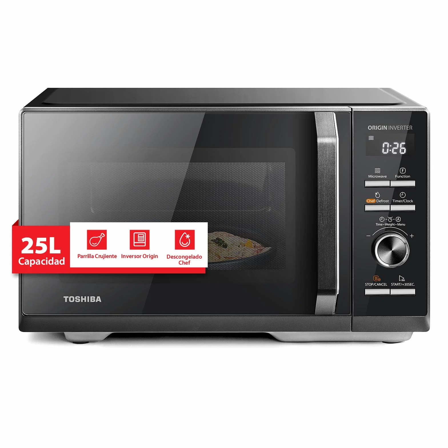 TOSHIBA Microondas Digital con Grill 25L, 900W Inverter, 10 Niveles Potencia, Control Preciso, Calentamiento Uniforme, Negro Elegante MW3-AG25PFI(BK)