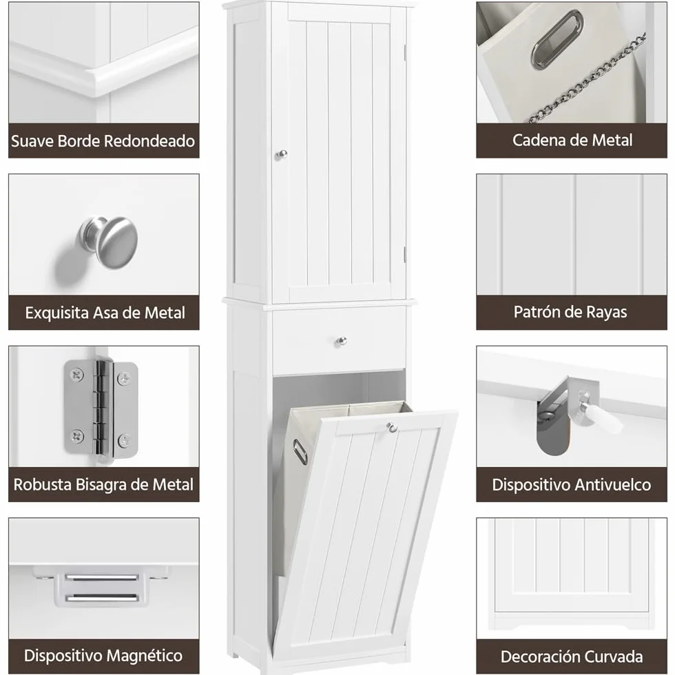 Yaheetech Armario de de Baño Alto Mueble Auxiliar de Baño 45x30x180 cm Armario Estrecho con 1 Armario Cerrado de 3 Estantes Ajustables 1 Cajón y 1 Cesta de Lavandería Blanco