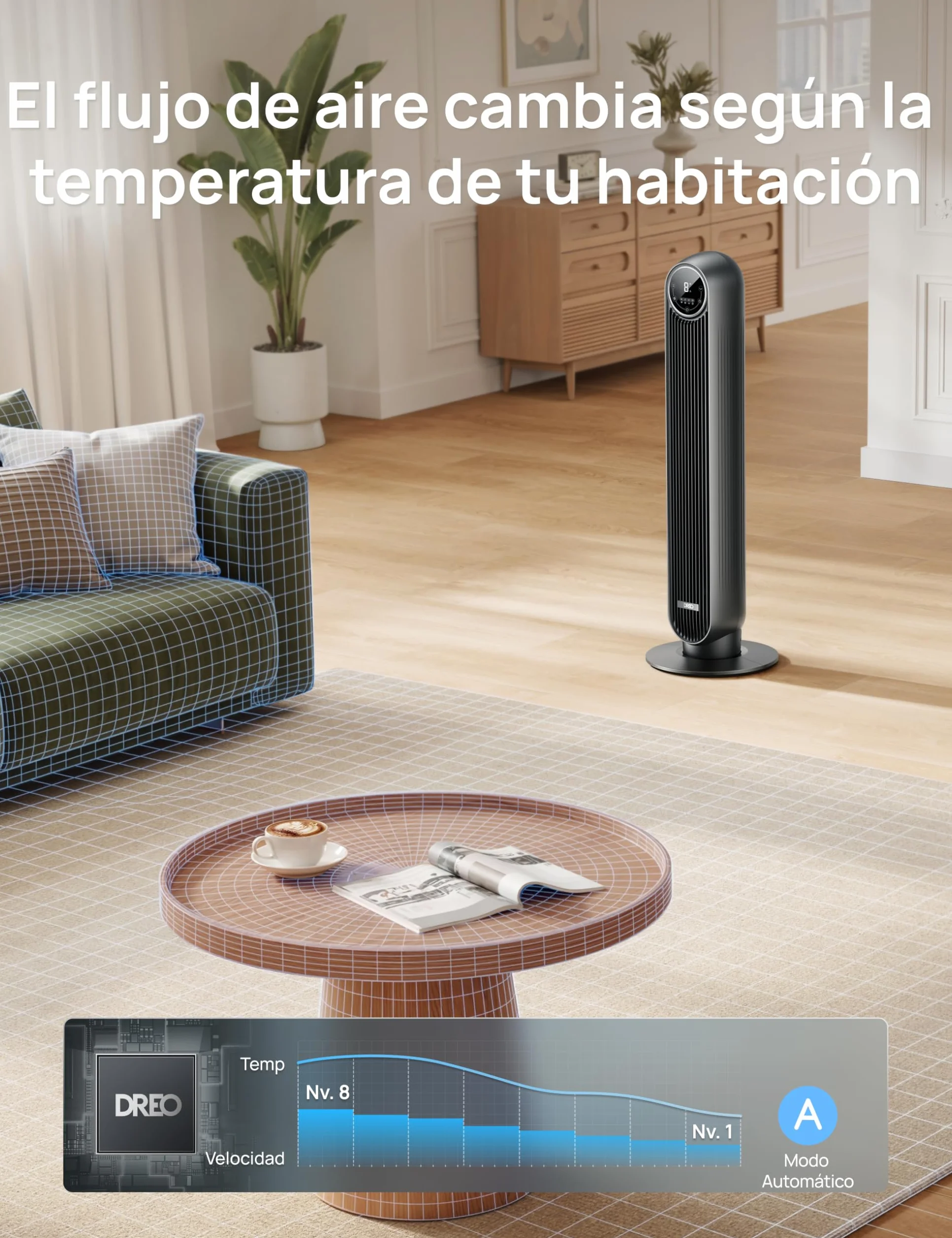 Dreo Ventilador de Torre Silencioso 20dB, 7,6 m/s, 4 Velocidades, Rotación 90°, Temporizador 8H, LED, Mando, Negro