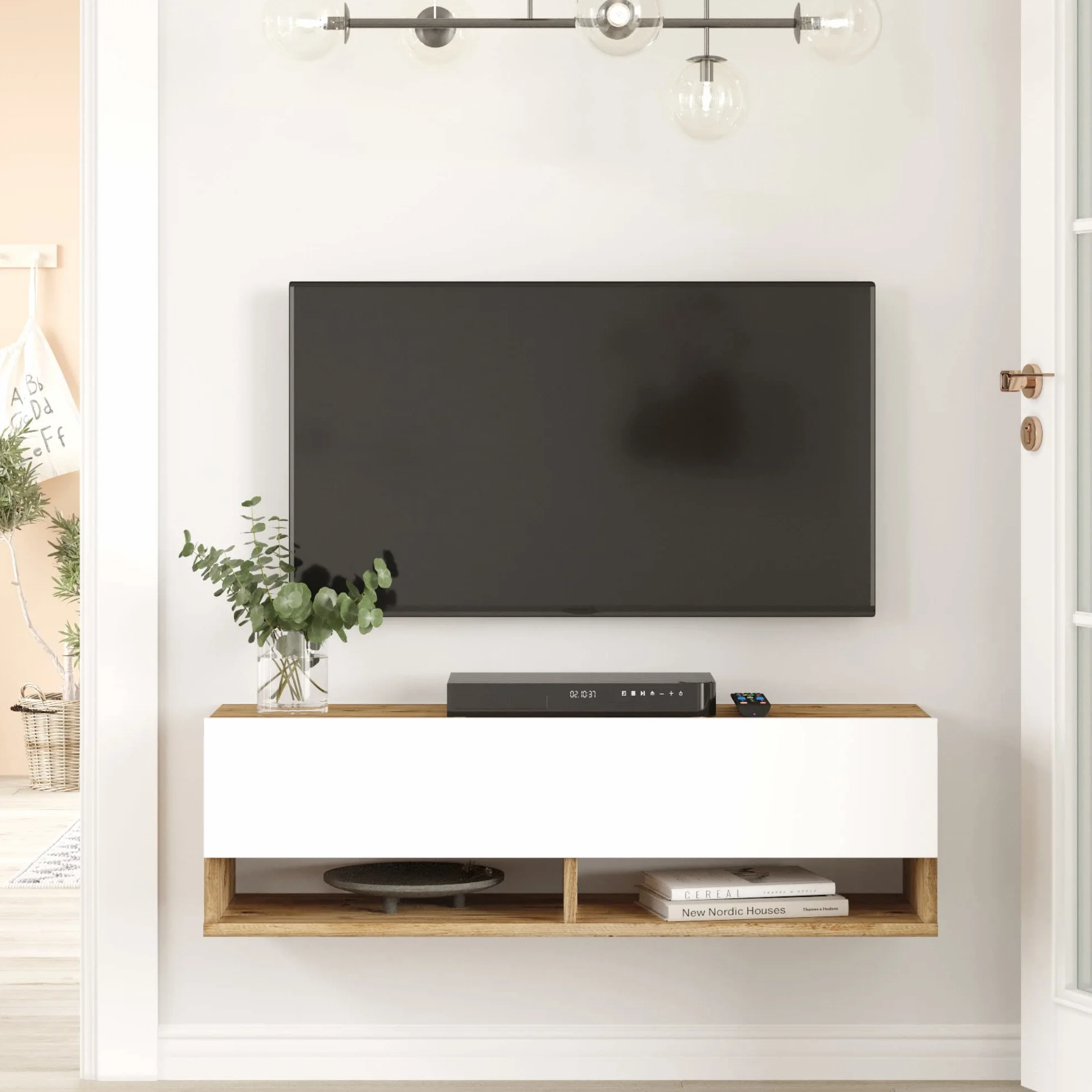 [en.casa] Mueble TV Suspendido con Espacio de Almacenaje Mesa Tele de Pared con Puerta y 2 Estantes Aglomerado 100 x 32 x 30 cm Roble Rústico/Blanco