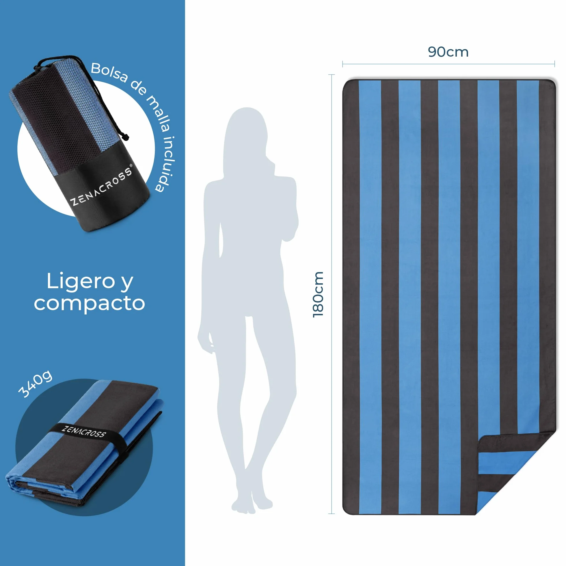 Toalla Microfibra Grande XXL 90x180cm Secado Rápido Antiarena Playa Piscina Negro Azul