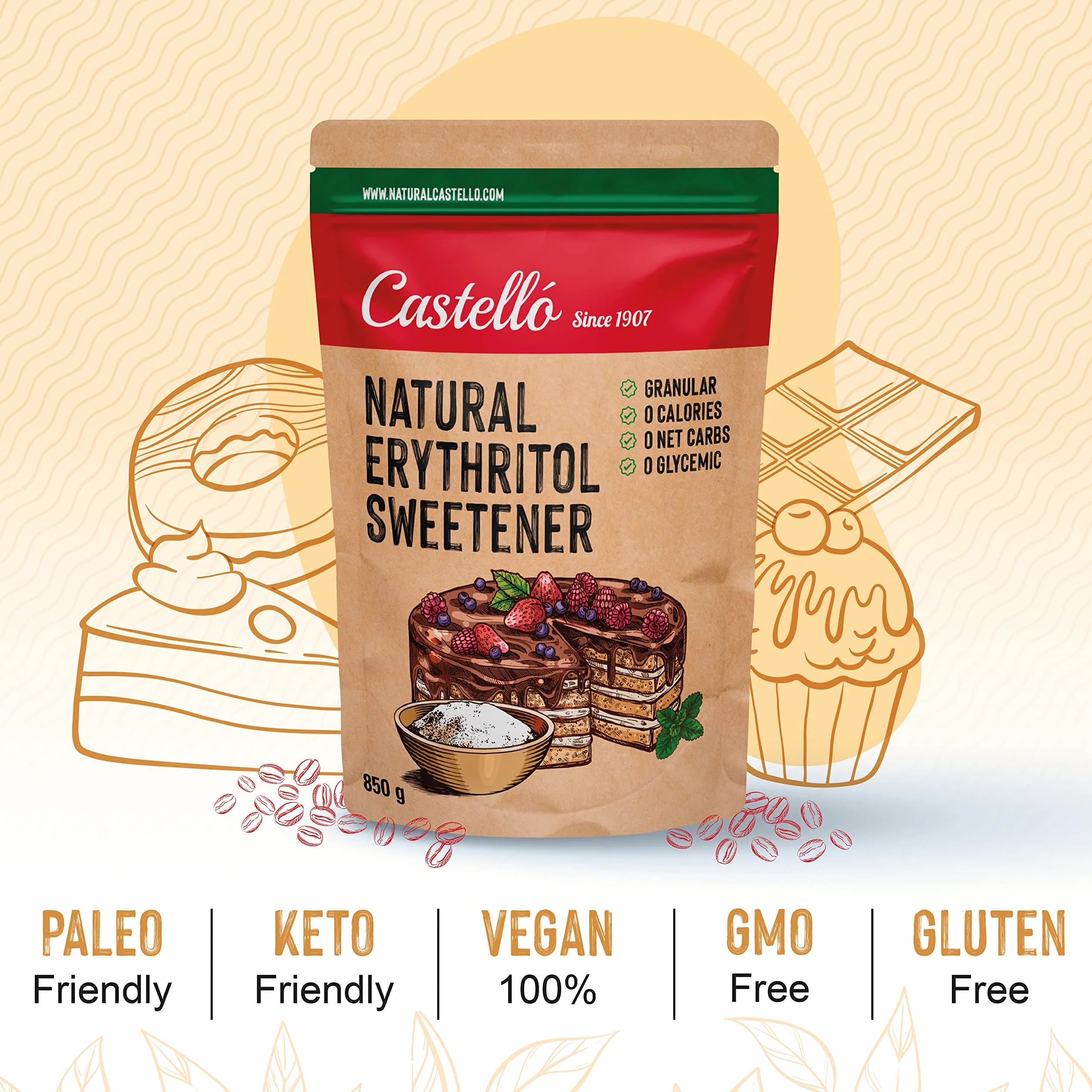 Eritritol 850 g Edulcorante Natural Granulado Sustituto del Azúcar Keto Paleo 0 Calorías 0 Carbohidratos No OGM