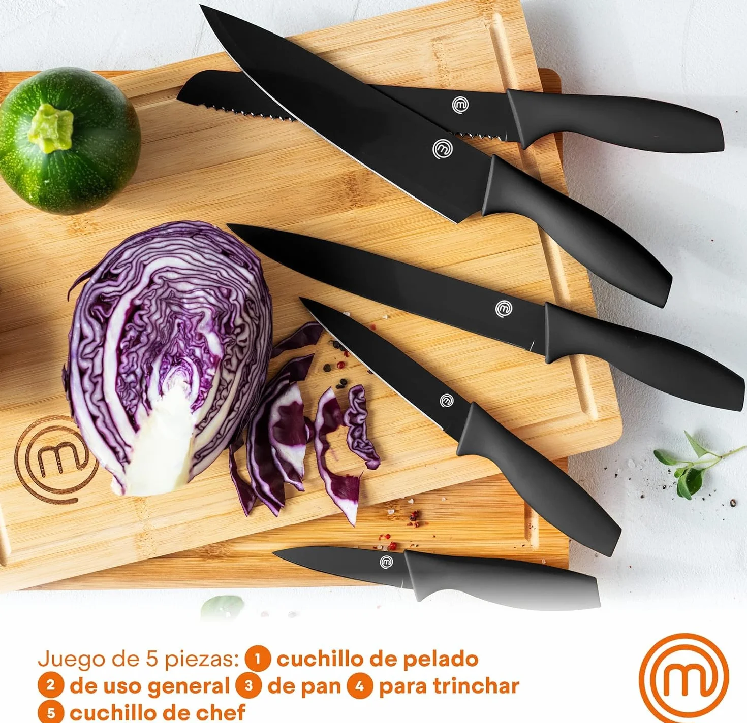 MasterChef Cuchillos Cocina Set de Chef 5 Piezas Acero Inoxidable Negro
