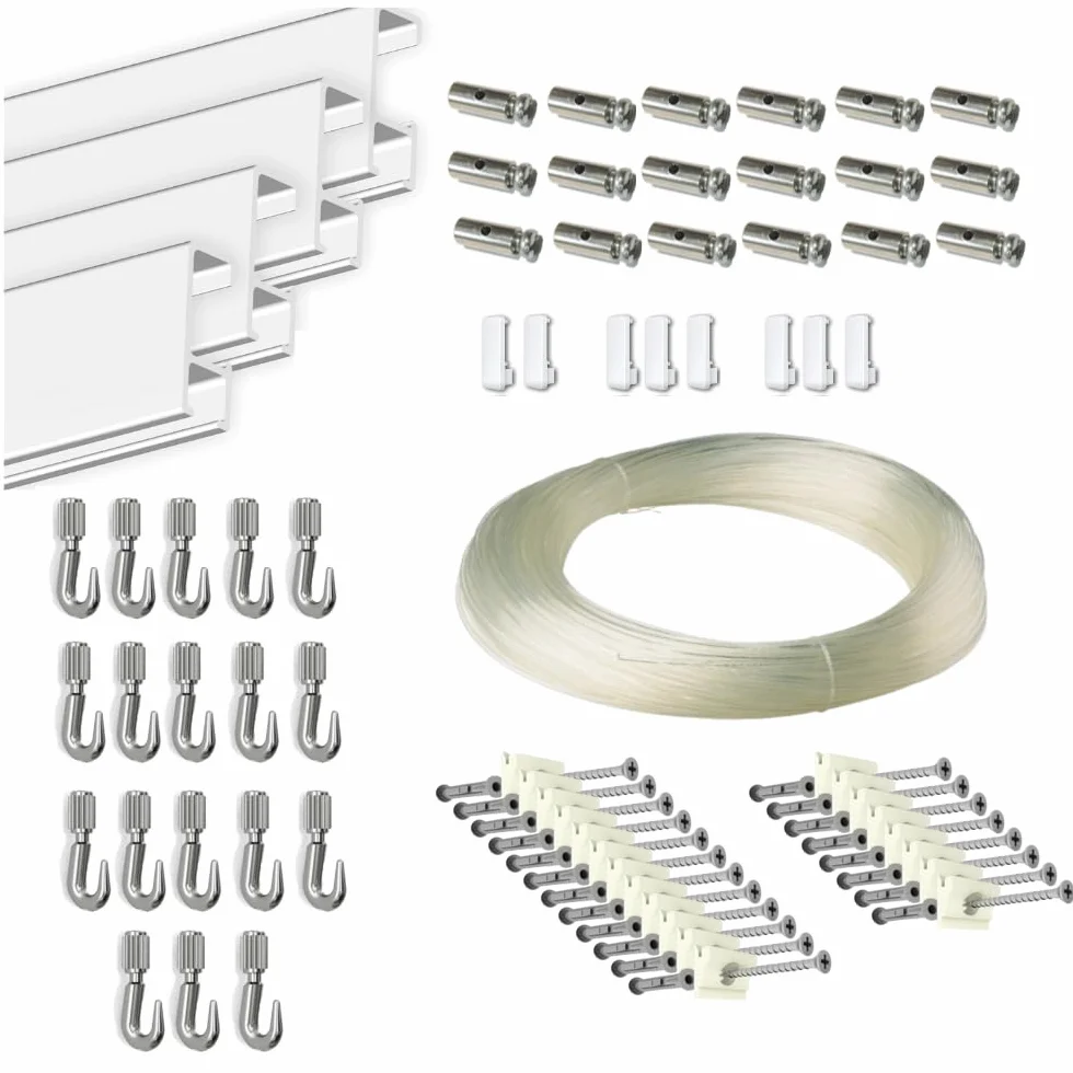 Pack Basic FAST de 9 Metros Guías Blancas con 18 colgadores Nylon para Colgar Cuadros. (Blanco 18 colgadores)
