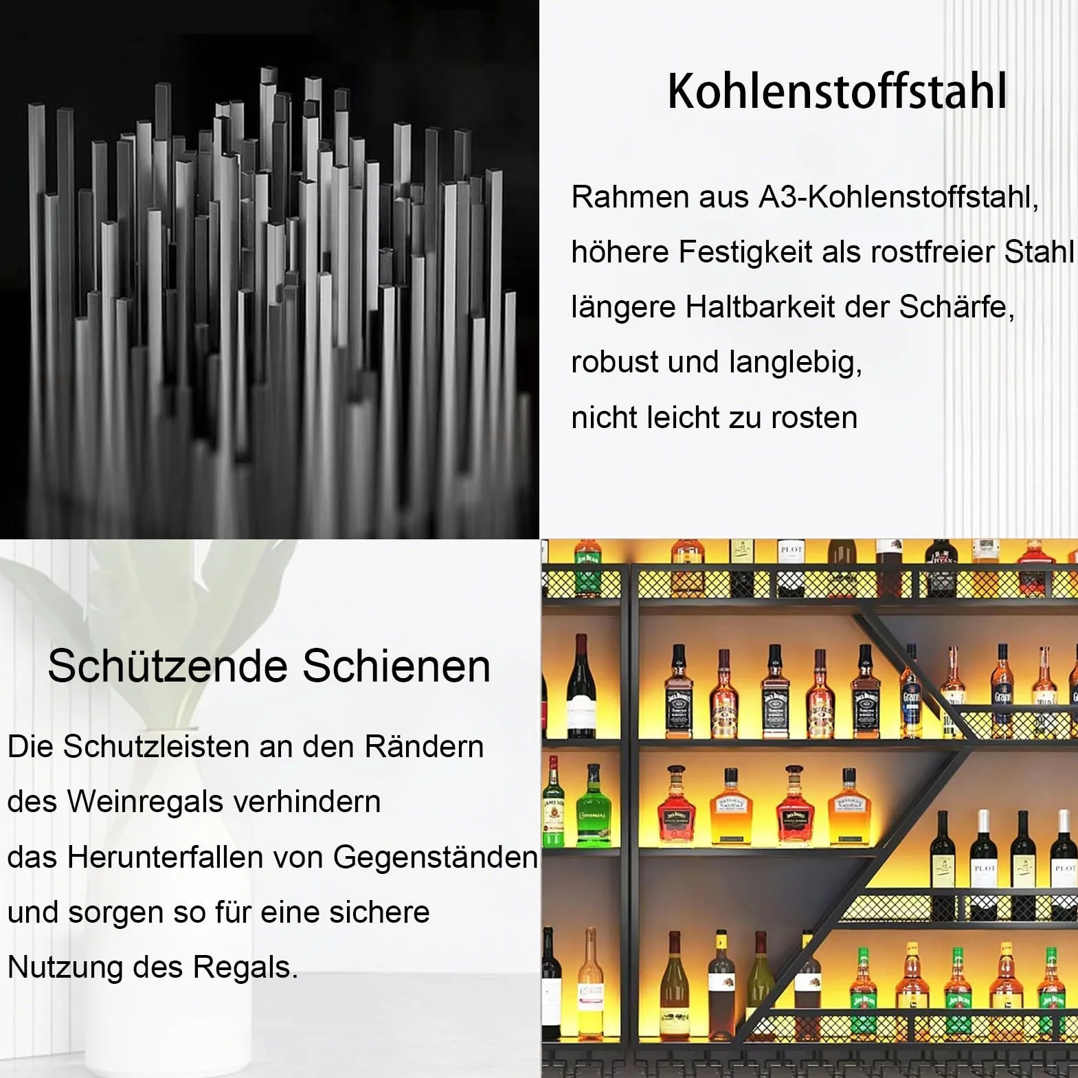 Estante de vino de pared de metal con iluminación LED y soporte modular