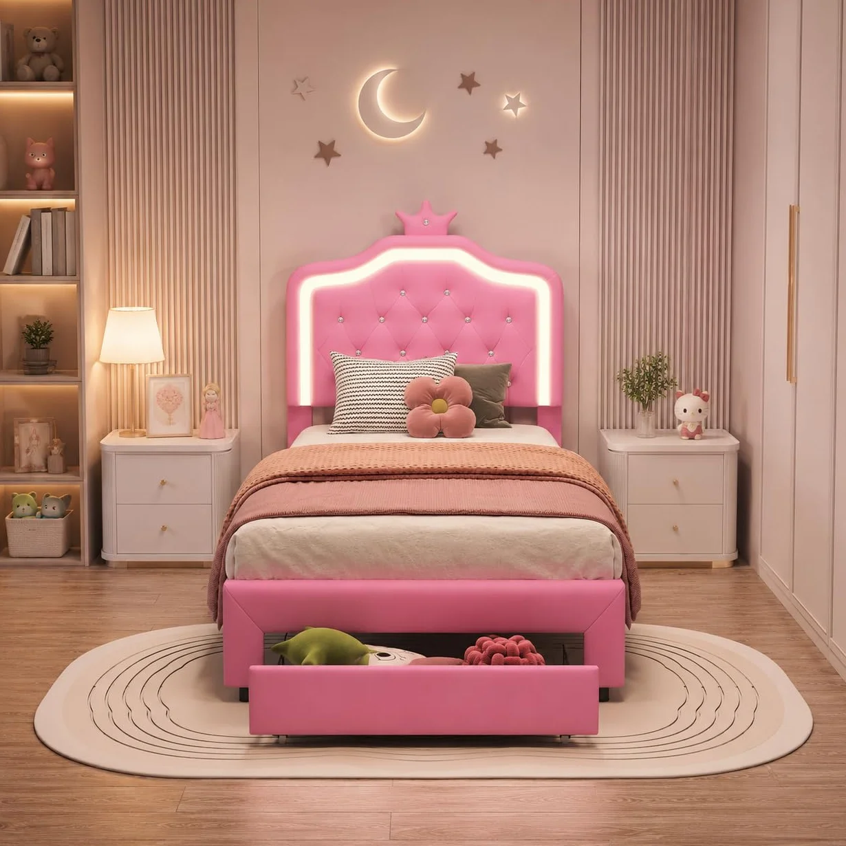 Cama para Niña 90x200 con LED RGB, Regulable en Altura, Cama Individual con contenedor, Cama Infantil, en Forma de Corona, Somier de Láminas de Madera, PU, Sin colchón (Rose-C, 90x200 cm)