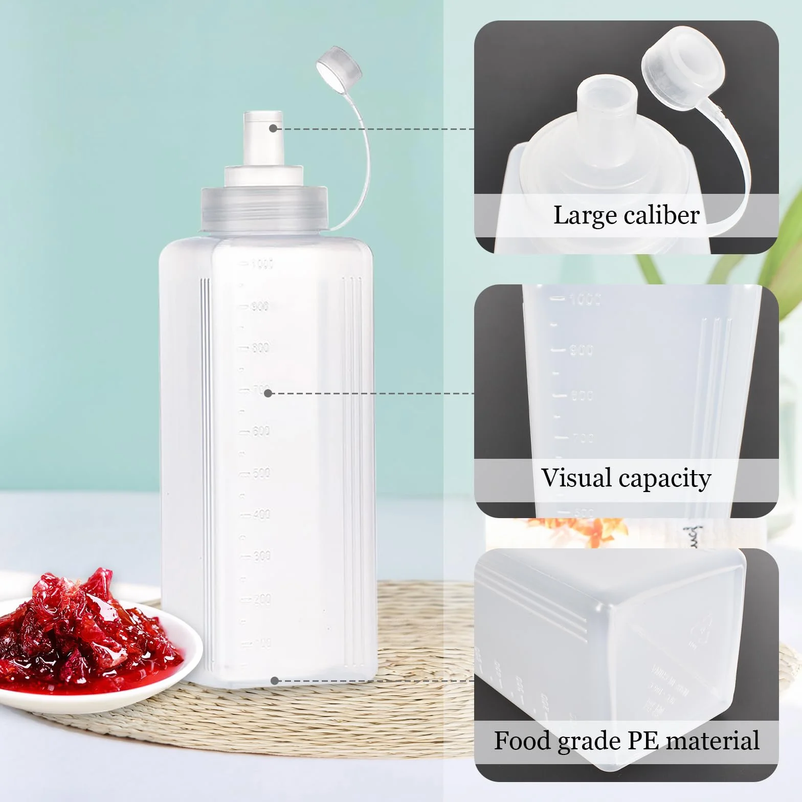 3Pcs Squeeze Bottle, Botella de Salsa, Boca Ancha Dispensador de Botellas de Plástico, Condimento Botellas para Salsa de Tomate, Mostaza, Mayonesa, Salsa Picante Y Aceite De Oliva (# 1000ML)