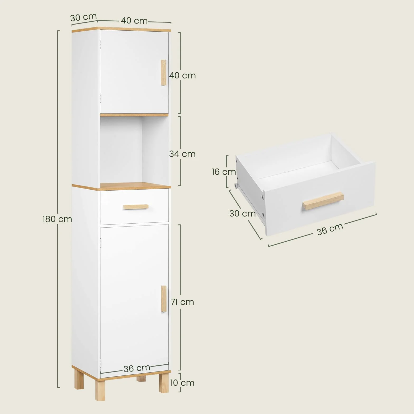 EUGAD Armario Baño Alto, Armario Columna de Almacenamiento, Mueble Baño Blanco con 2 Puertas, 4 Compartimentos Interiores, 1 Compartimento Abierto y 1 Cajón, MDF, 39x30x179 cm
