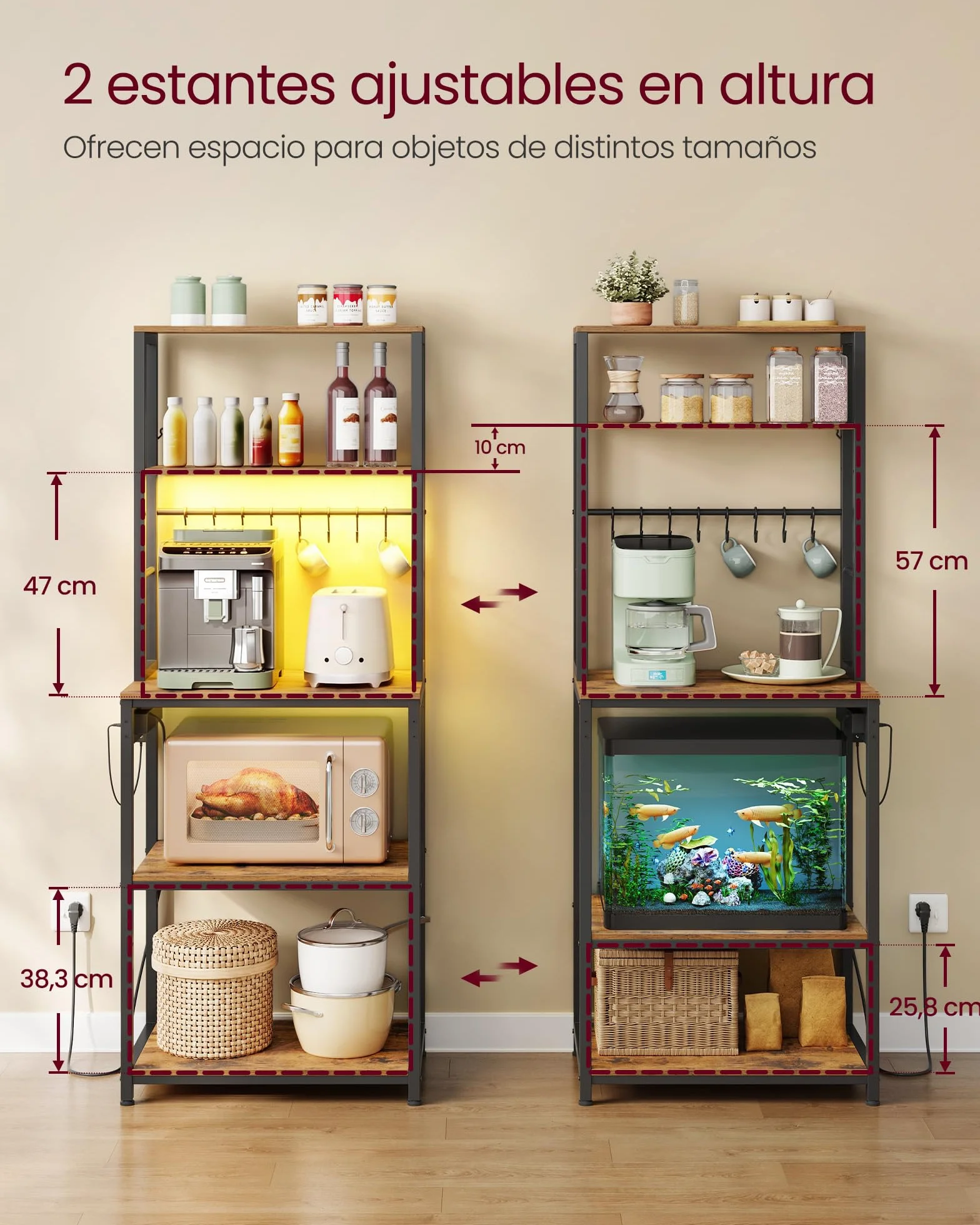 VASAGLE Estantería de Cocina con Iluminación LED, Estante para Microondas con Estantes Ajustables, 8 Ganchos, 40 x 60 x 168.4 cm, Marrón y Negro Mate