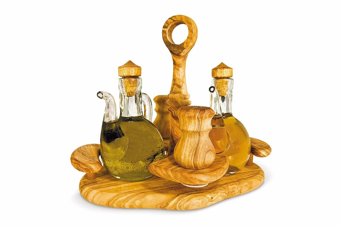 Aceitera de lujo: juego de condimento para aceite, vinagre, sal y pimienta de madera de olivo, juego de 4 unidades