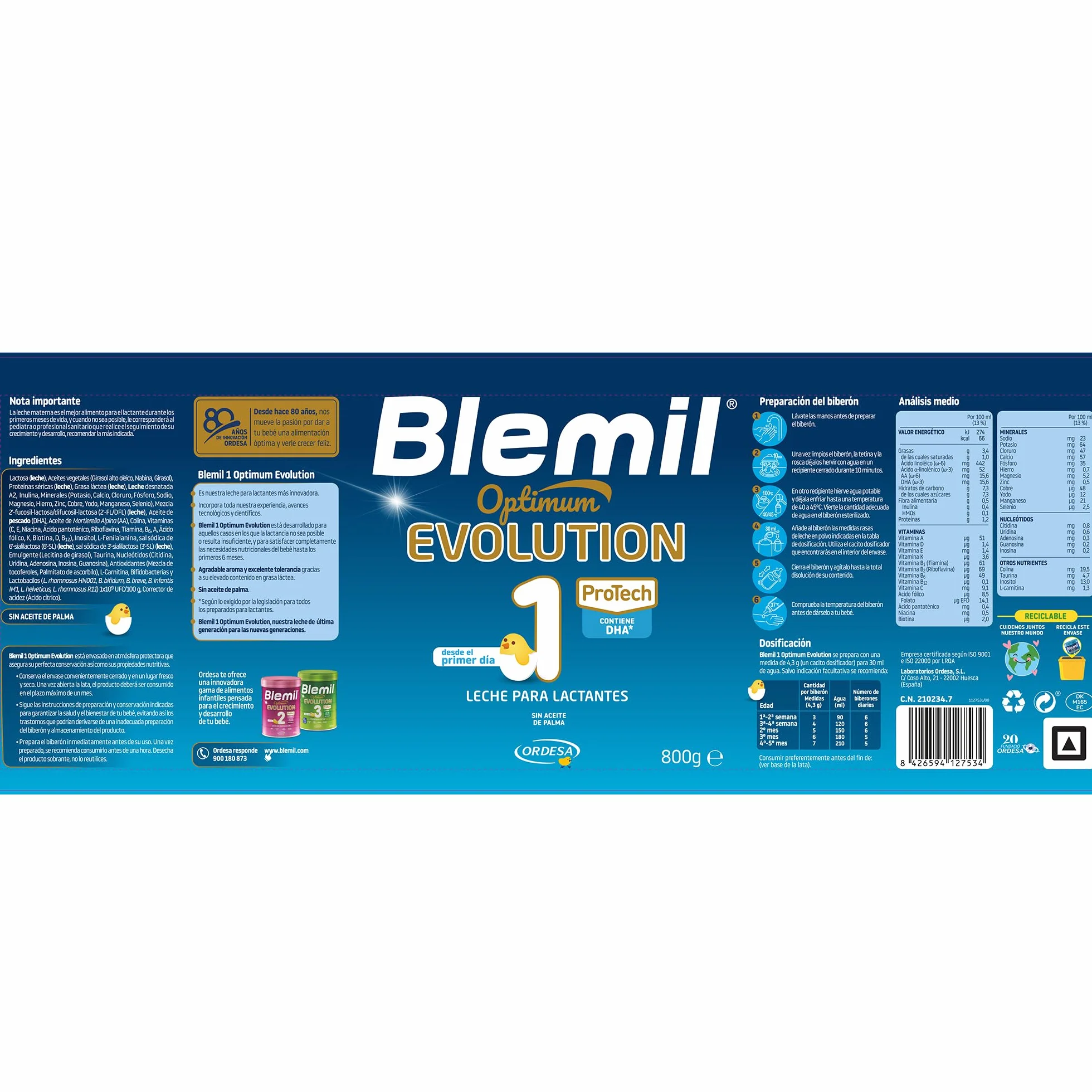 Blemil 1 Optimum Evolution 800g Leche de Inicio en Polvo para Bebé