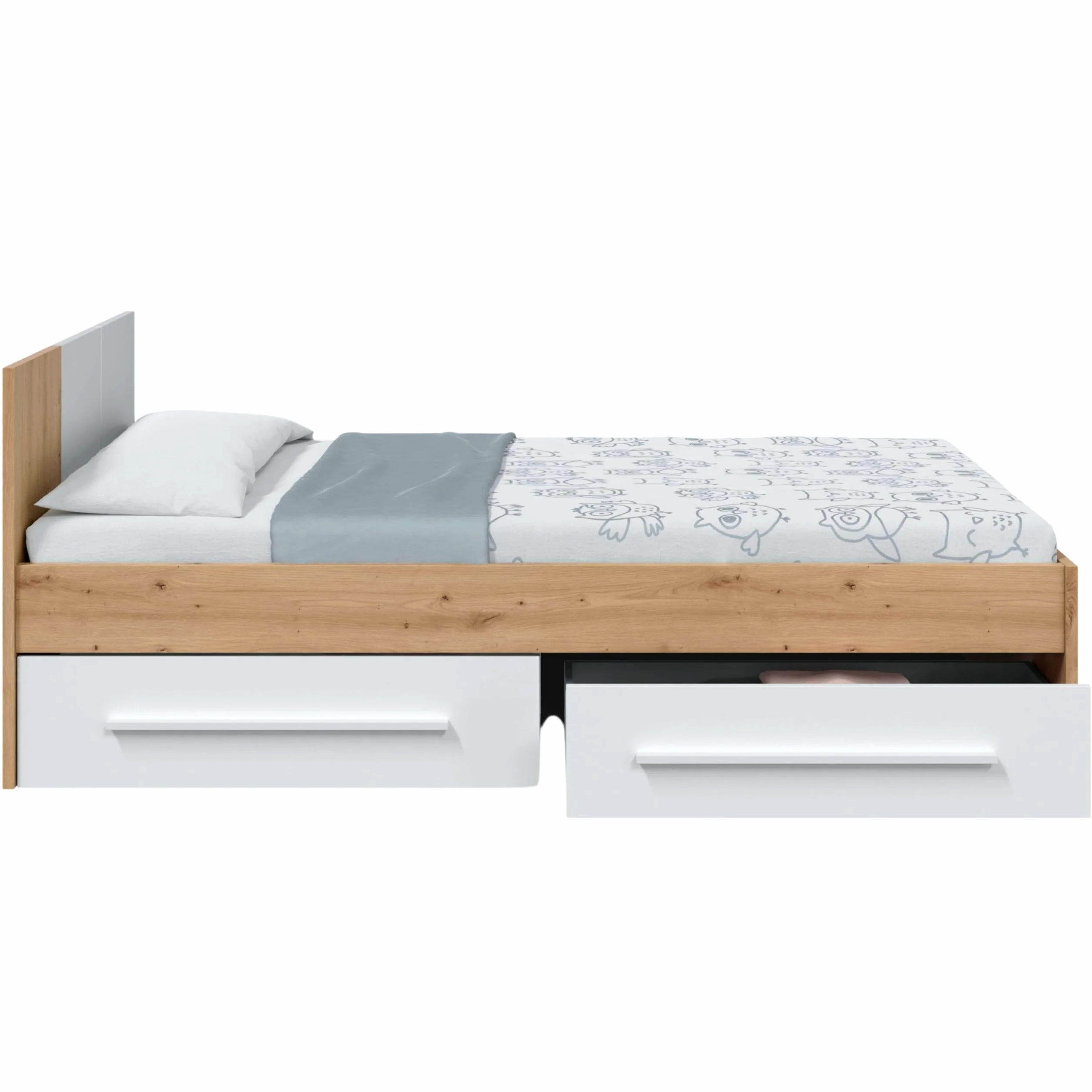 Habitdesign – Cama Individual Juvenil con 2 Cajones, Reversible, Color Blanco Artik y Roble Nodi, 196x97x77 cm – Modelo Noa (Sin Somier)