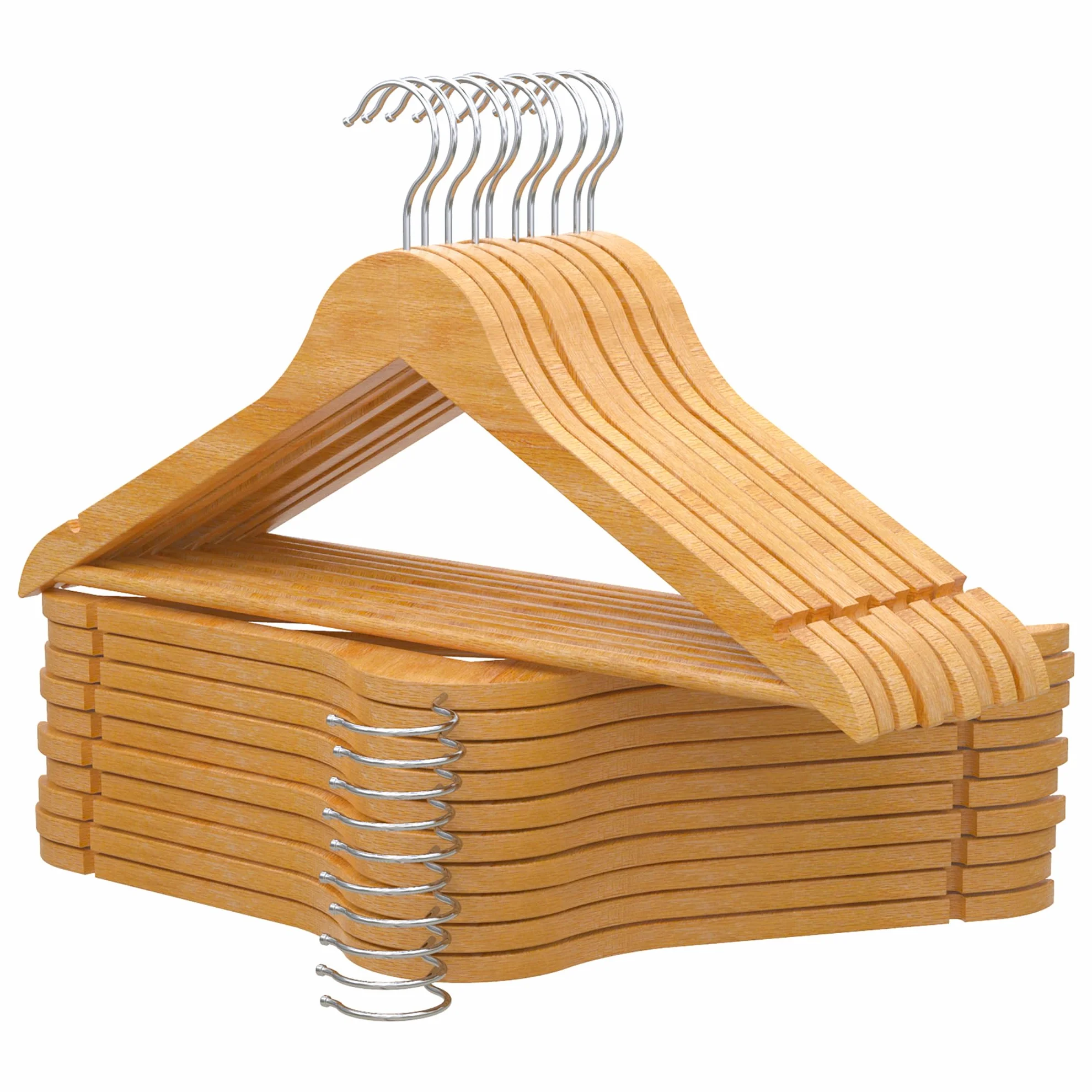 PORTENTUM Set de 20 Perchas de Madera para Ropa, Color Natural. Gancho Giratorio 360º, Perchas Pantalones, Colgador Antideslizante para Trajes, Chaquetas y Camisas, Muescas para Vestidos y Blusas